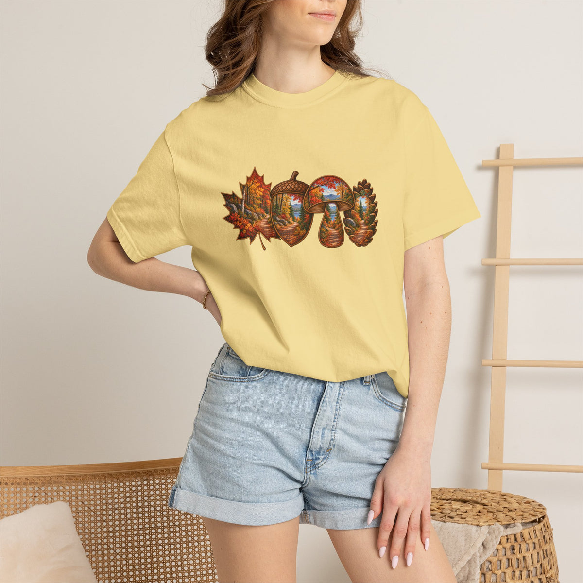 Autumn Lake Scene on Maple Leaves Shirt | Fall Landscape Tee