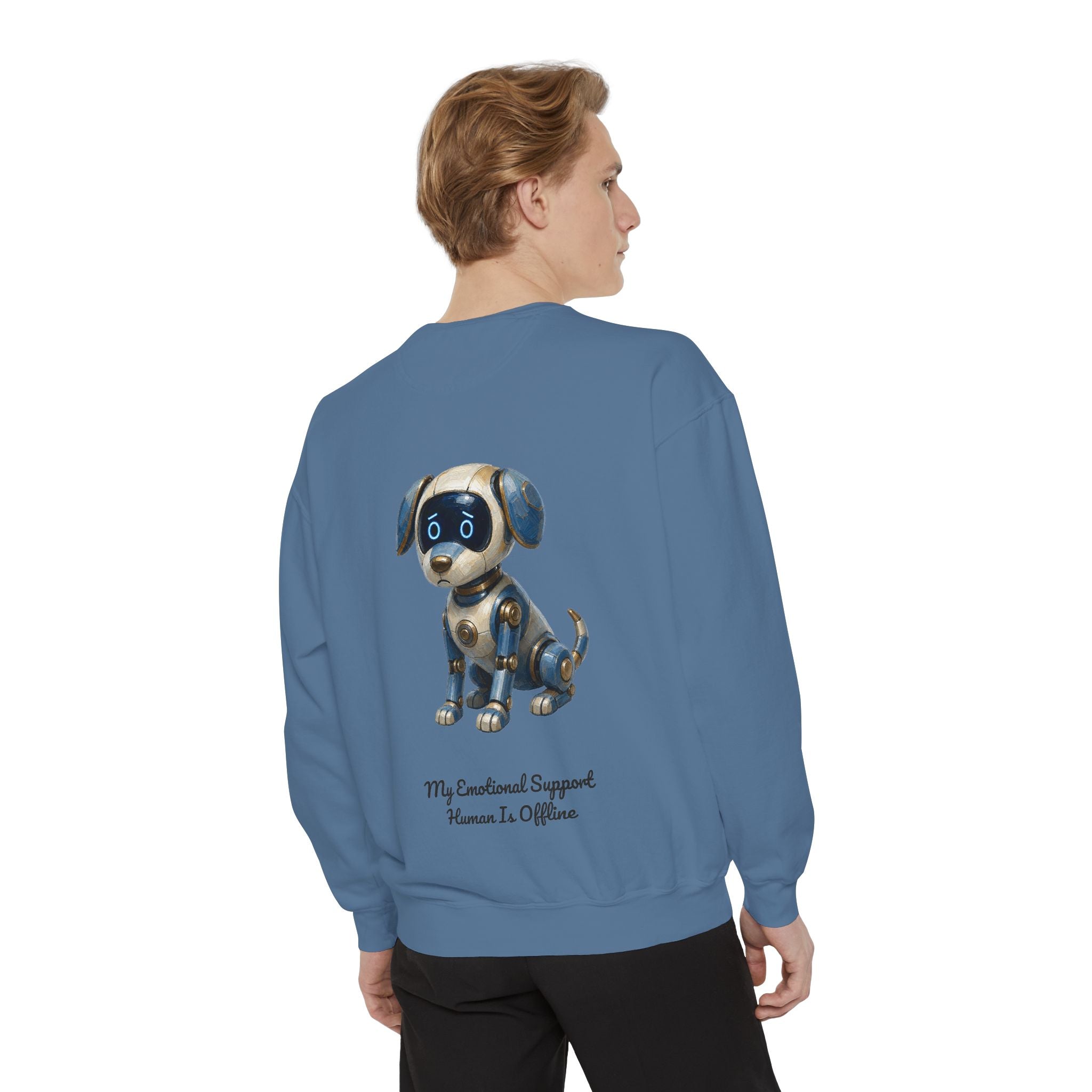 Robot Dog Emotional Support Human Offline Shirt, Funny AI Dog Tee, Tech Programmer Gift, Sci-Fi Humor Sweatshirt