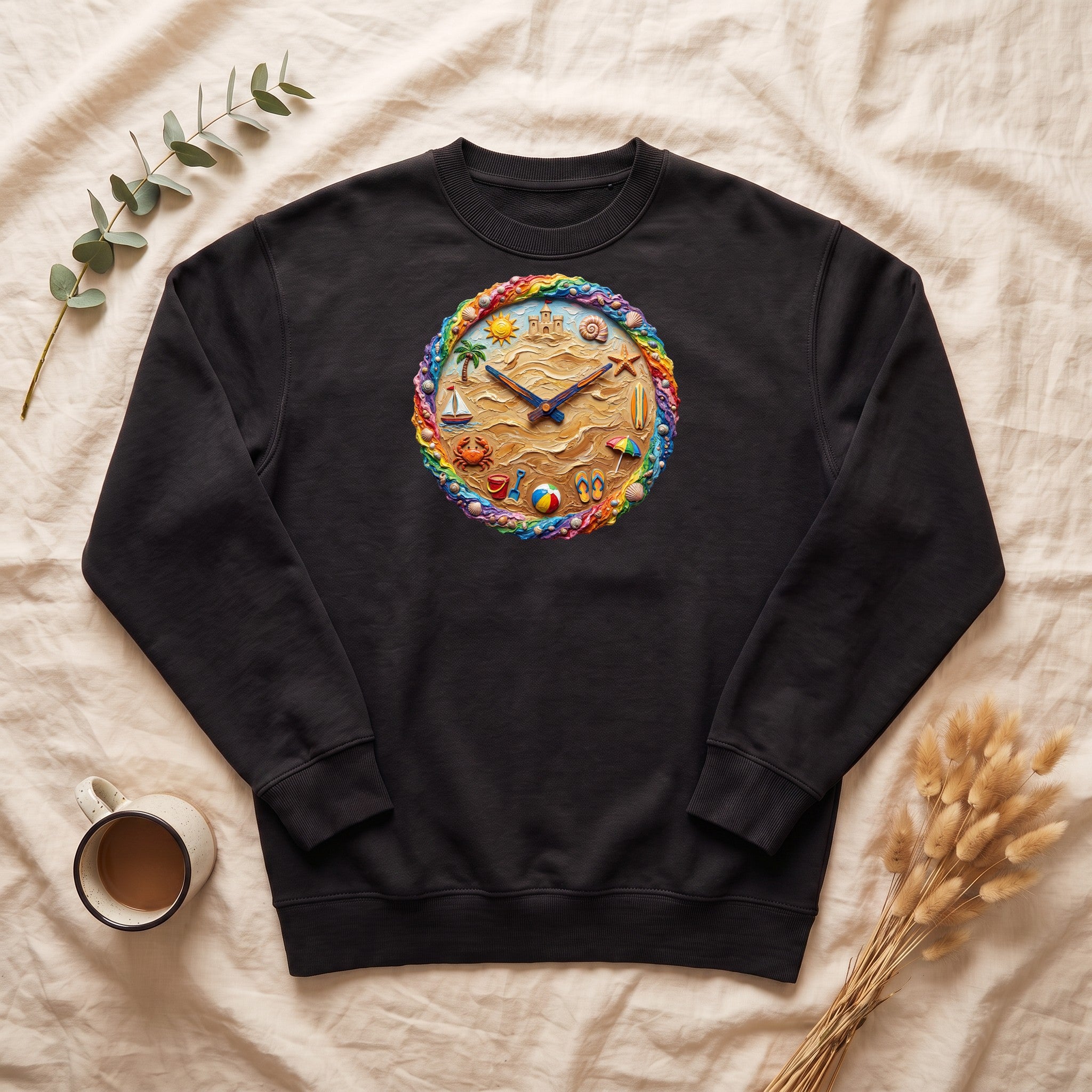 Beach Clock Shirt, Dreamy Coastal Art Tee, Surreal Beach Lover Gift, Summer Ocean Sweatshirt