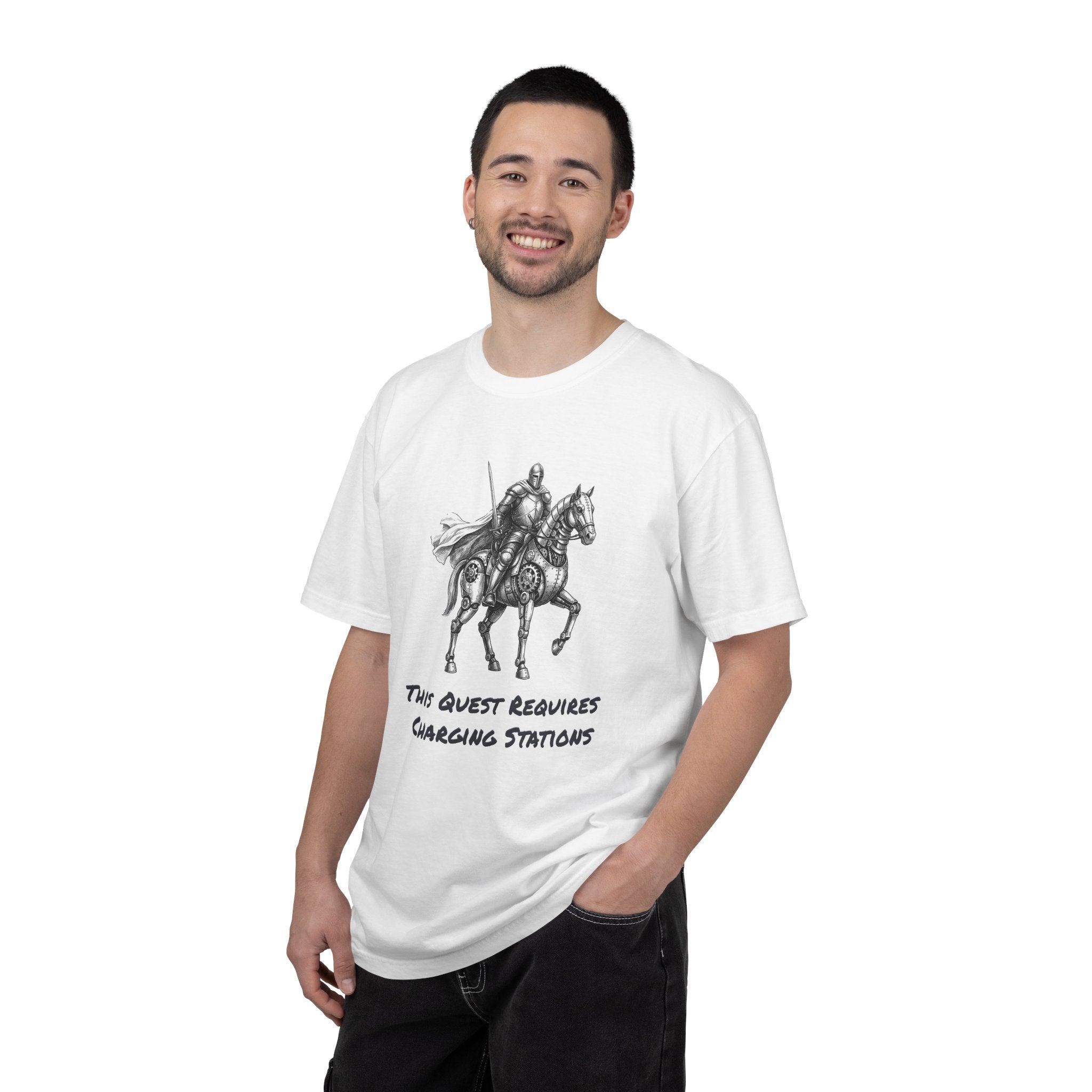 Knight & Robot Steed T-Shirt — This Quest Requires Charging Stations