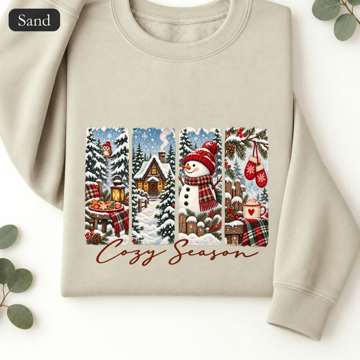 Cozy Winter Scenes Crewneck | Snowman Cabin Holiday Sweatshirt