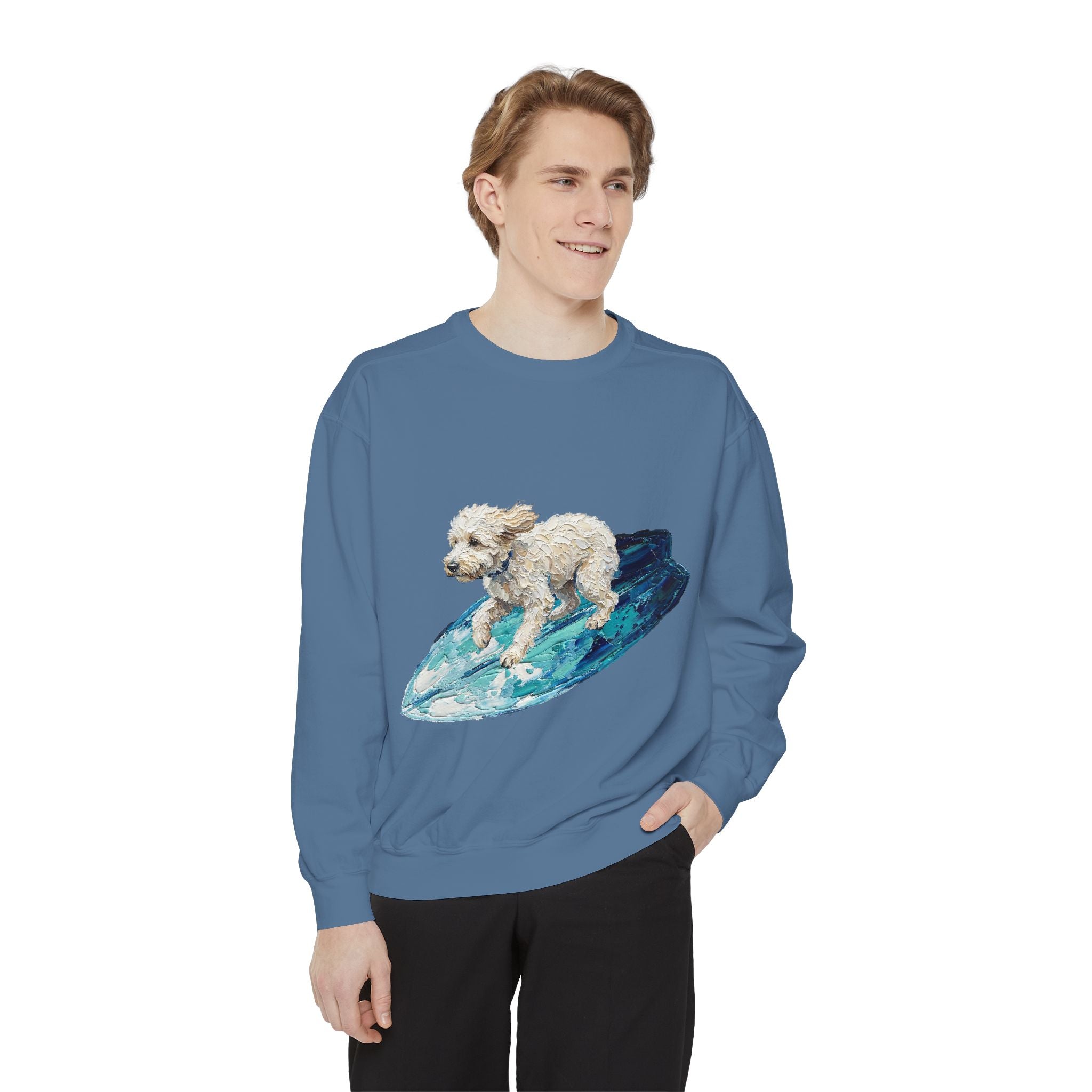 Surfing Dog Shirt, Painterly Surf Dog Tee, Beach Coastal Dog Lover Gift, Summer Ocean Dog Mom Sweatshirt