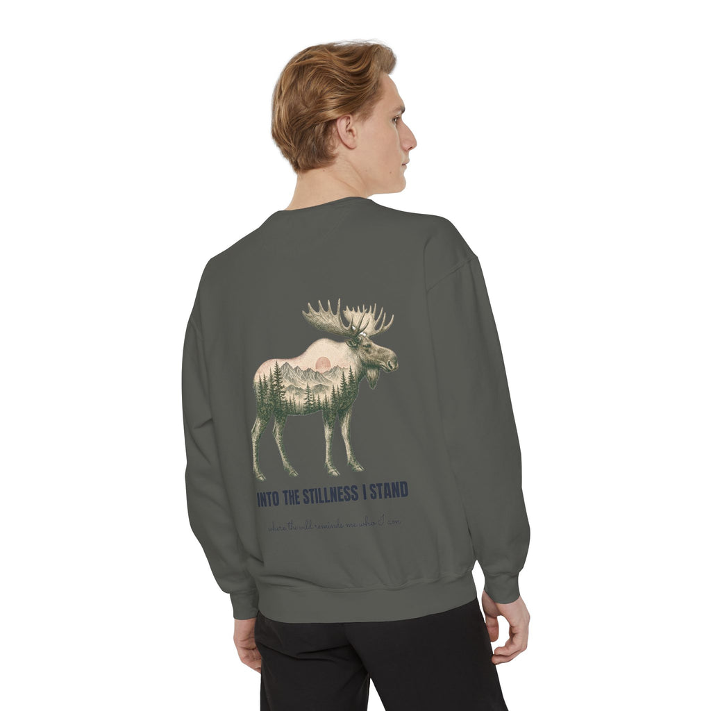Into the Stillness I Stand Shirt, Moose Double Exposure Tee, Mountain Wilderness Camping Gift, Woodland Nature Sweatshirt