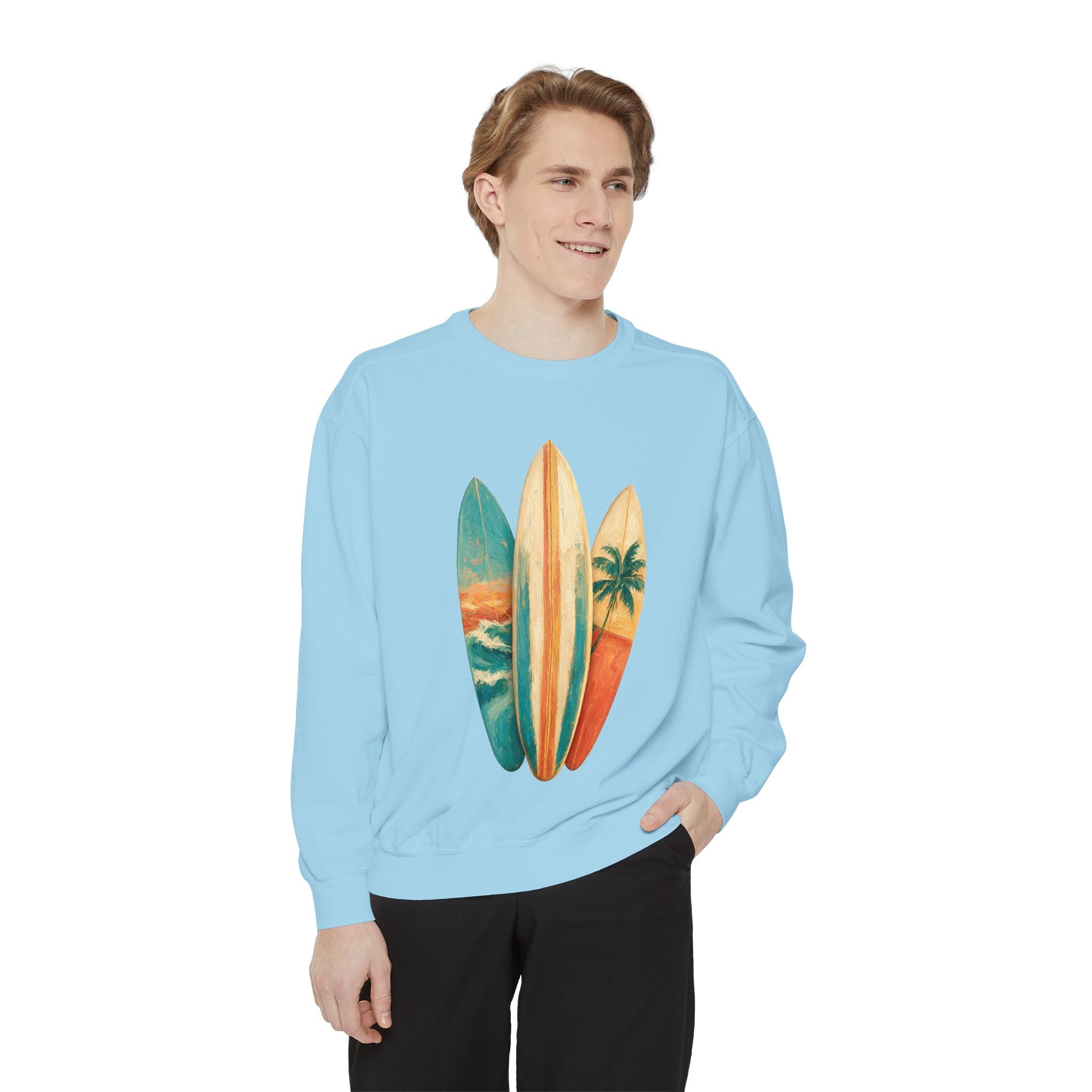 Vintage Surfboard Quarter Zip, Painterly Surf Art Pullover, Beach Coastal Surfer Gift, Summer Ocean Sweatshirt