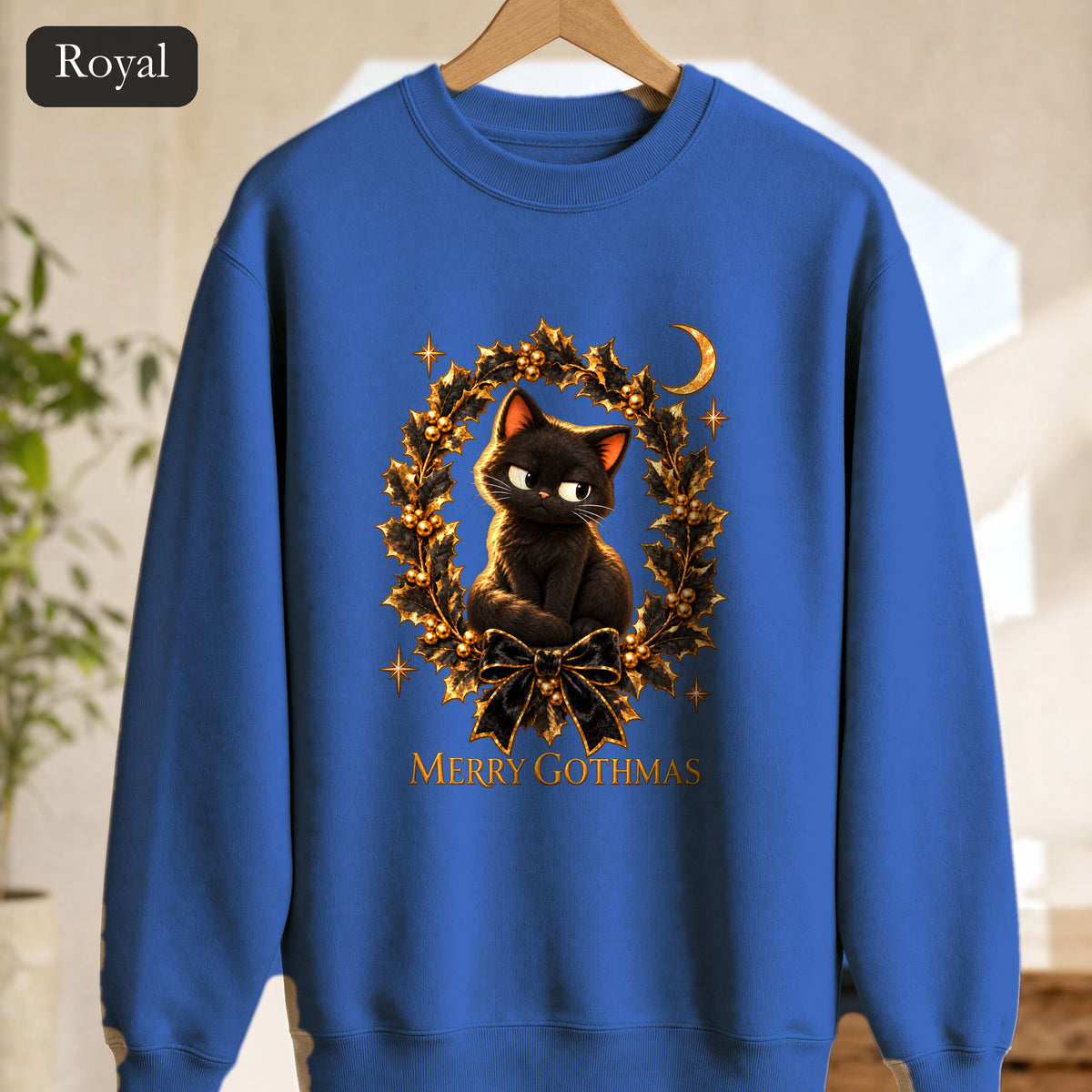 Merry Gothmas Black Cat Sweatshirt | Gothic Christmas Holly Wreath and Crescent Moon, Spooky Cat Lover Holiday Gift