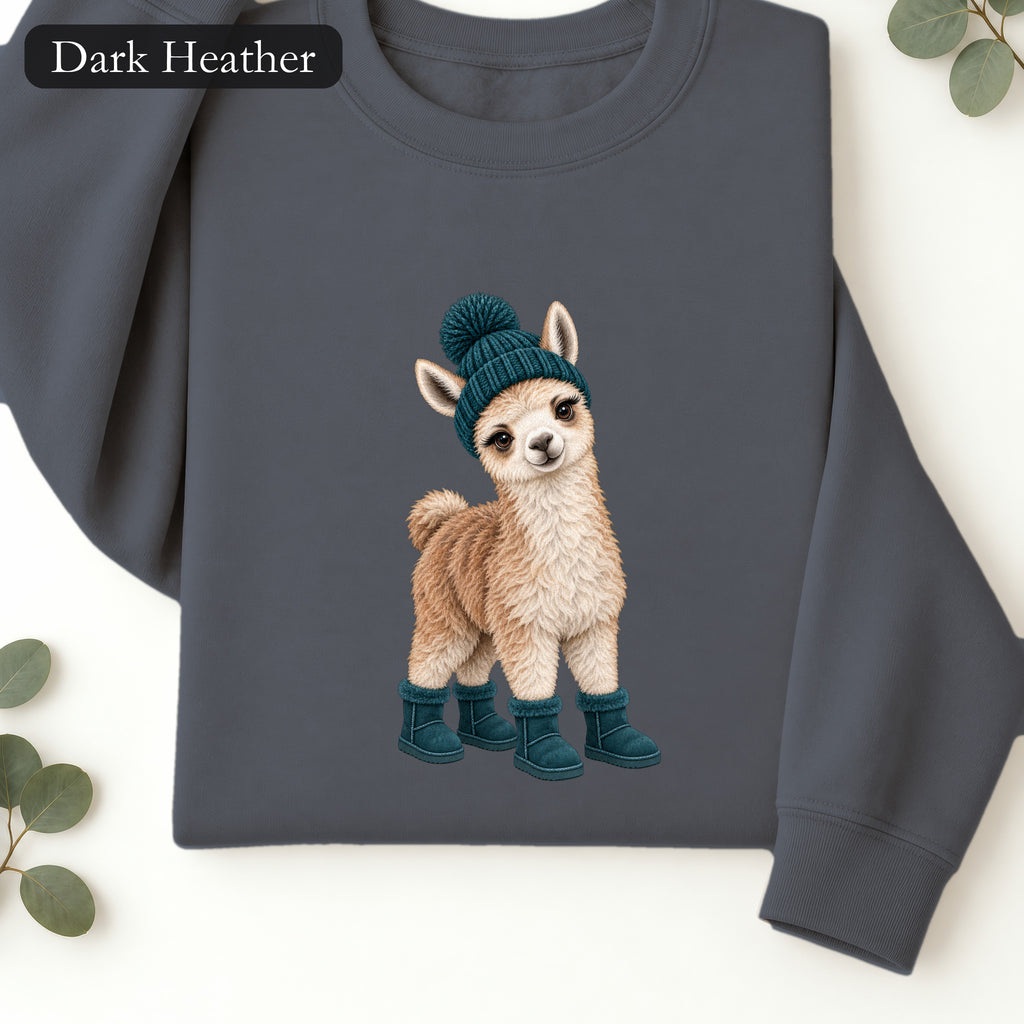 Cute Baby Lama in Beanie and Boots Sweatshirt | Cozy Dog Graphic