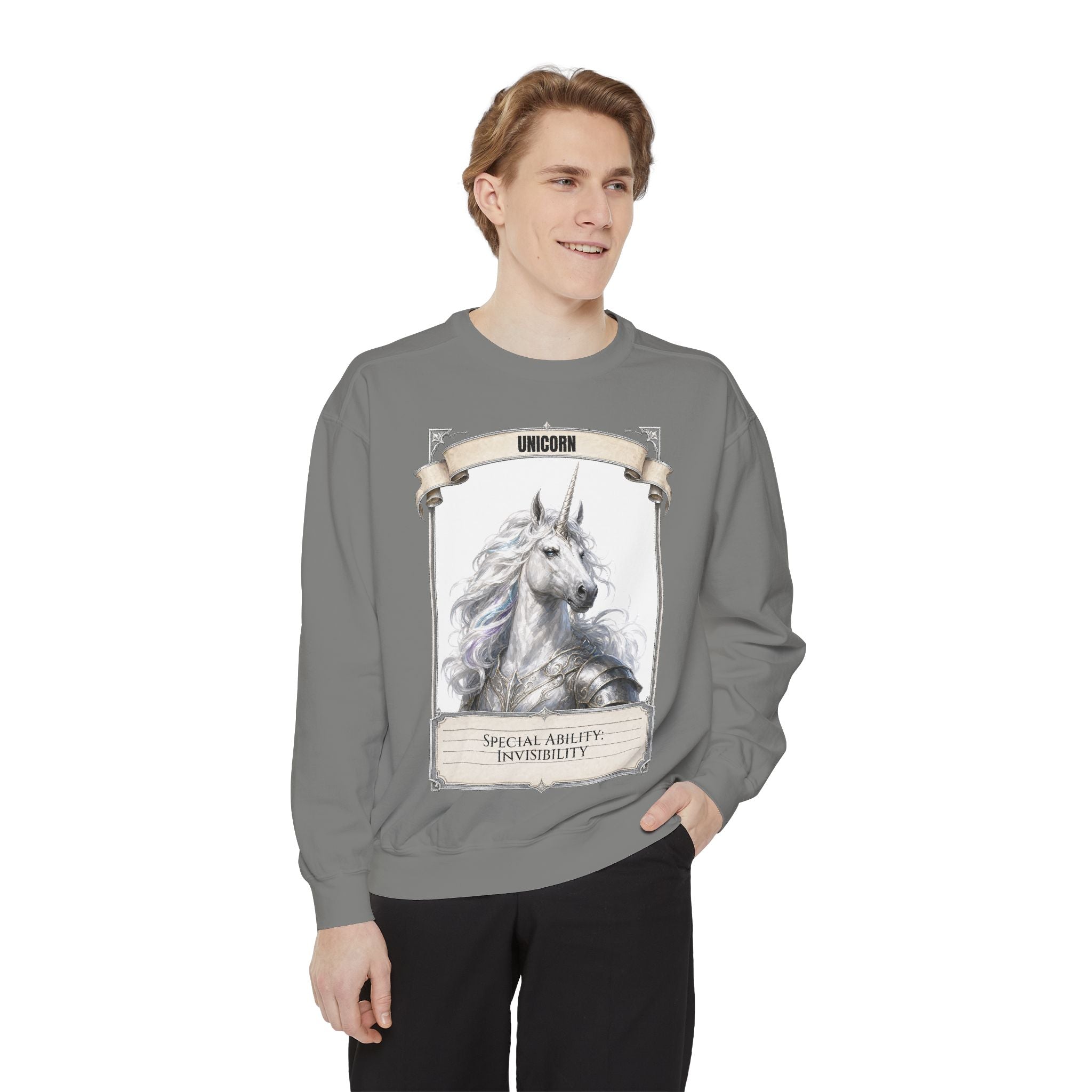 Unicorn Invisibility Stat Card Shirt, Funny RPG Gamer Tee, Tabletop D20 Fantasy Gift, Dungeon Dice Sweatshirt