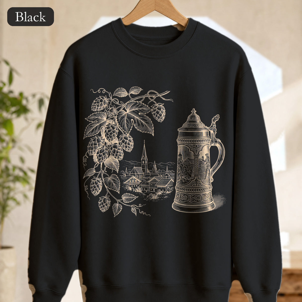 Vintage Beer Stein Illustration Sweatshirt | Hops Vine Scenic Design