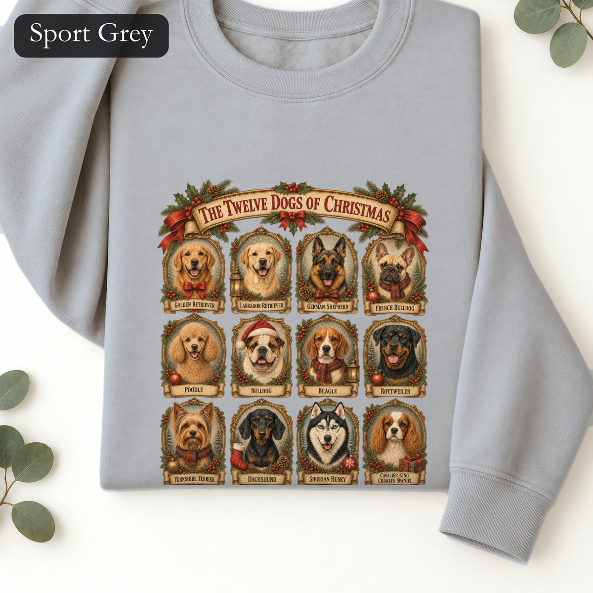 Twelve Dogs of Christmas Sweatshirt | Vintage Dog Portraits Holiday