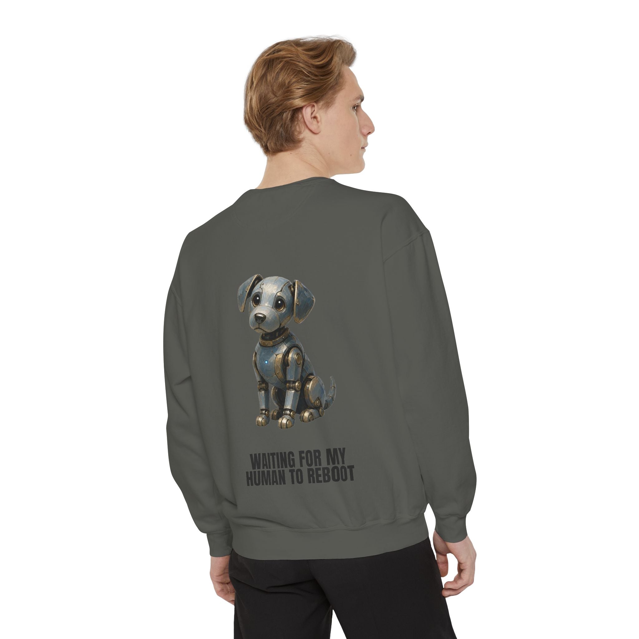Waiting for My Human to Reboot Shirt, Funny Robot Dog Tee, Tech Programmer Gift, Sci-Fi AI Humor Sweatshirt