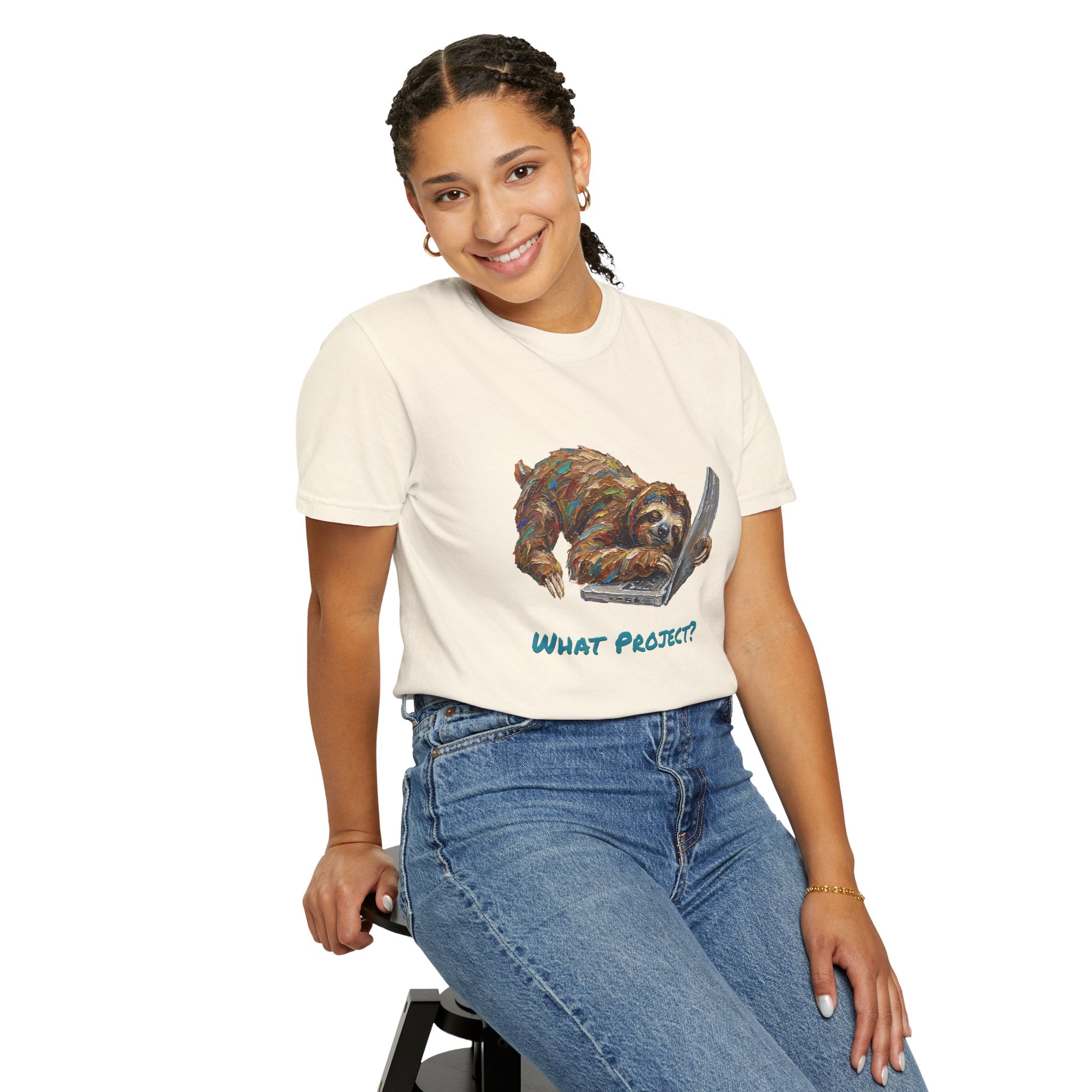 Sloth With Laptop T-Shirt — What Project? Funny Procrastination Tee