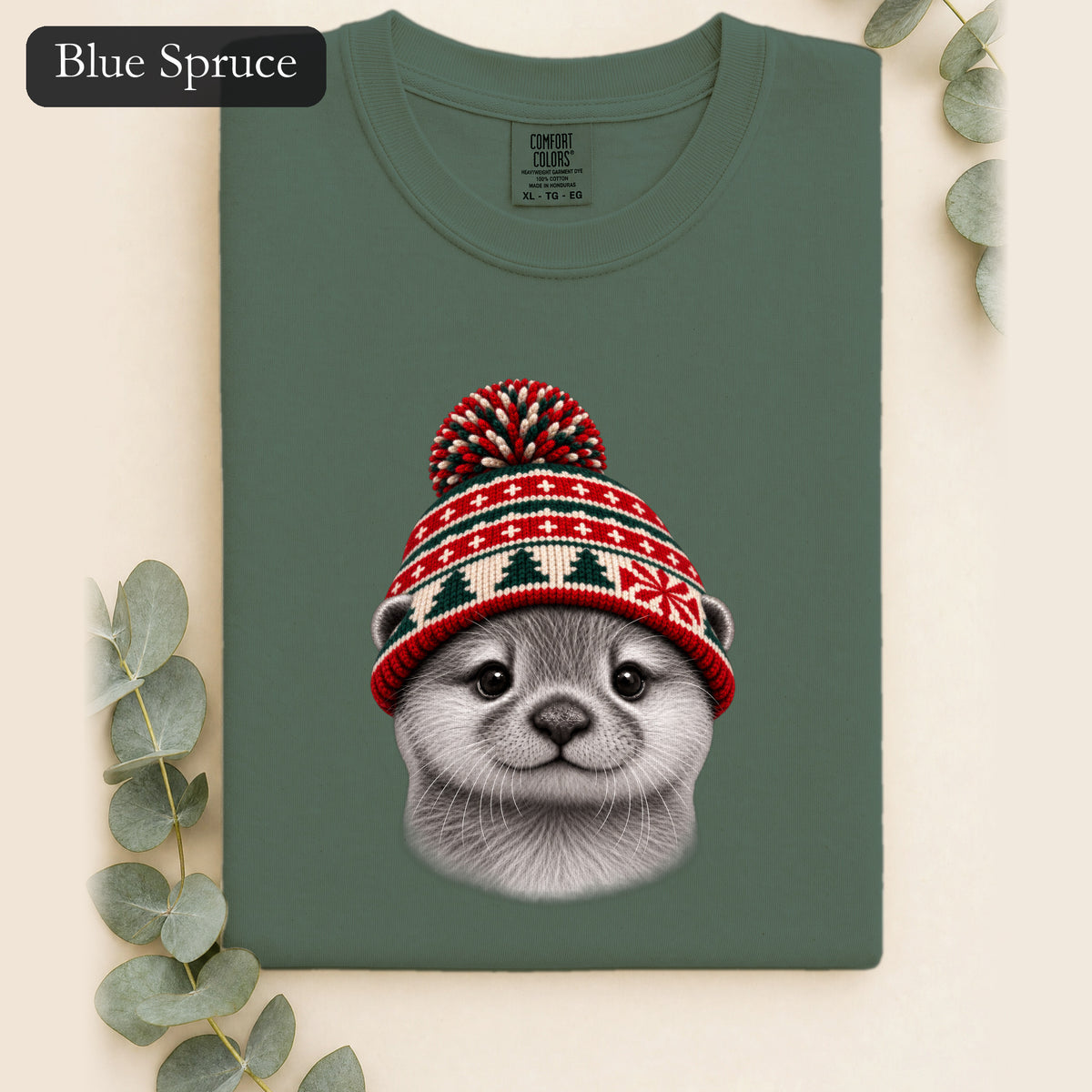 Otter Wearing Knit Christmas Winter Hat Shirt | Cute Holiday Animal Tee