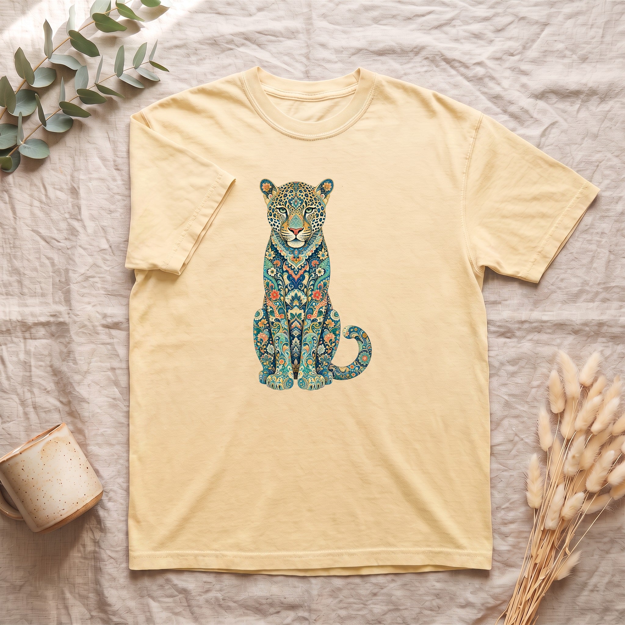 Boho Leopard Shirt, Folk Art Leopard Tee, Japanese Pattern Big Cat Lover Gift, Vintage Floral Leopard Sweatshirt