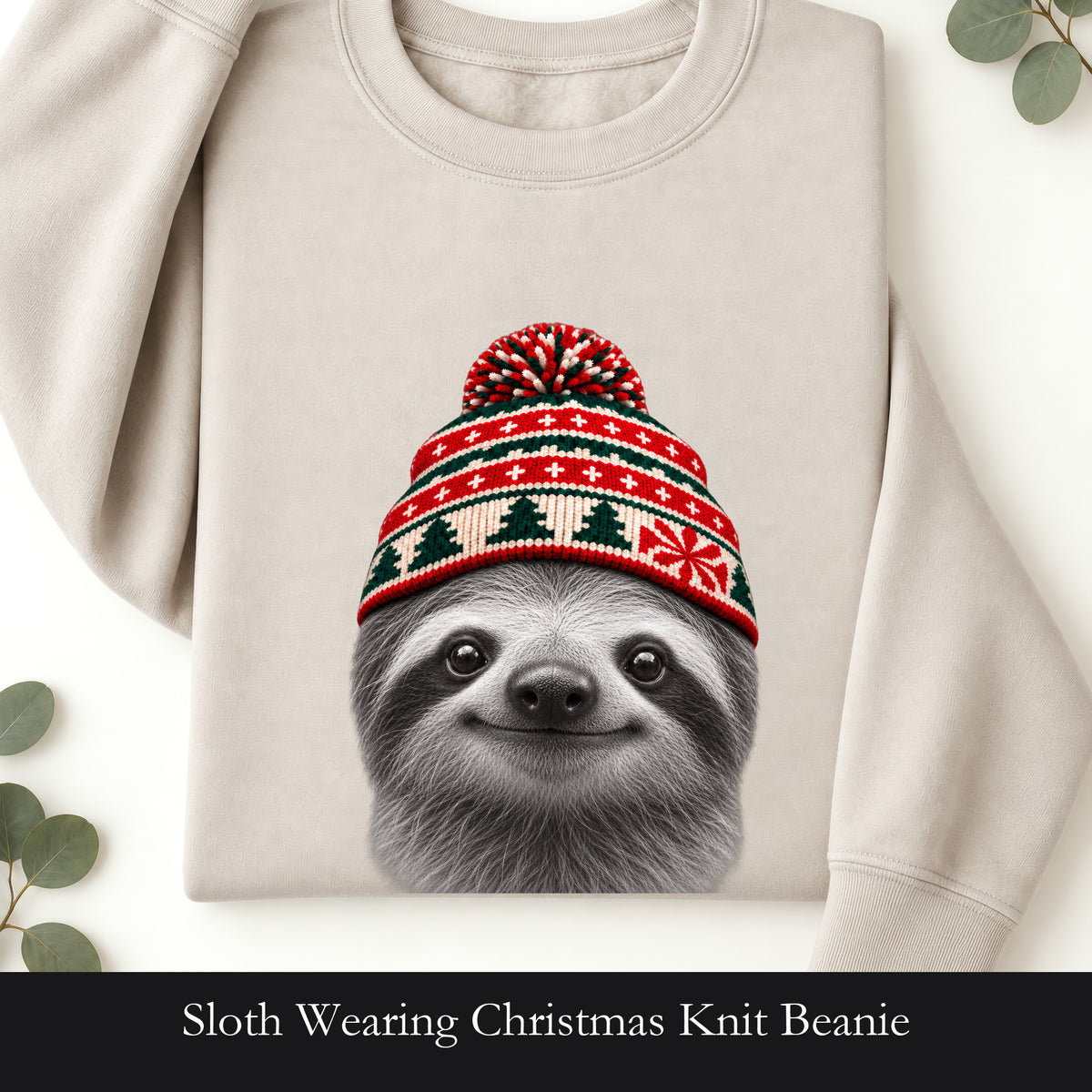 Sloth Wearing Christmas Knit Beanie | Cozy Winter Animal Crewneck