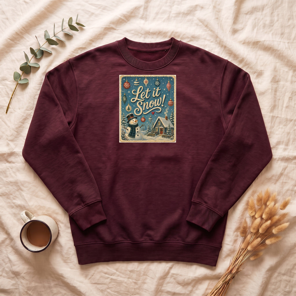 Let It Snow snowman cabin scene Sweatshirt | vintage holiday winter design