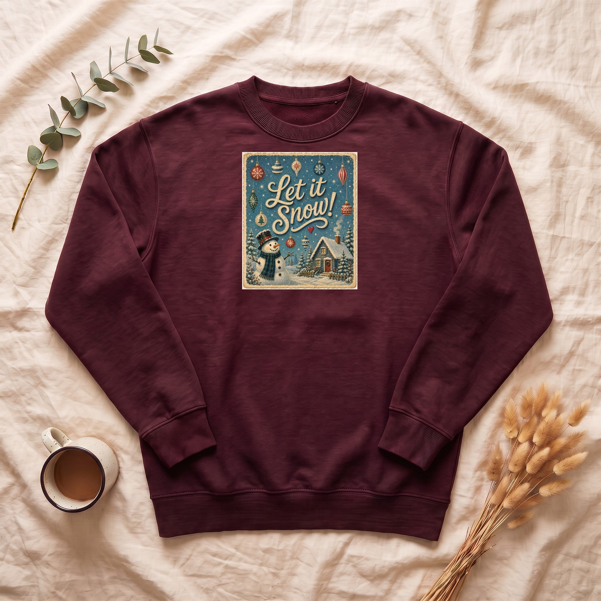 Let It Snow snowman cabin scene Sweatshirt | vintage holiday winter design