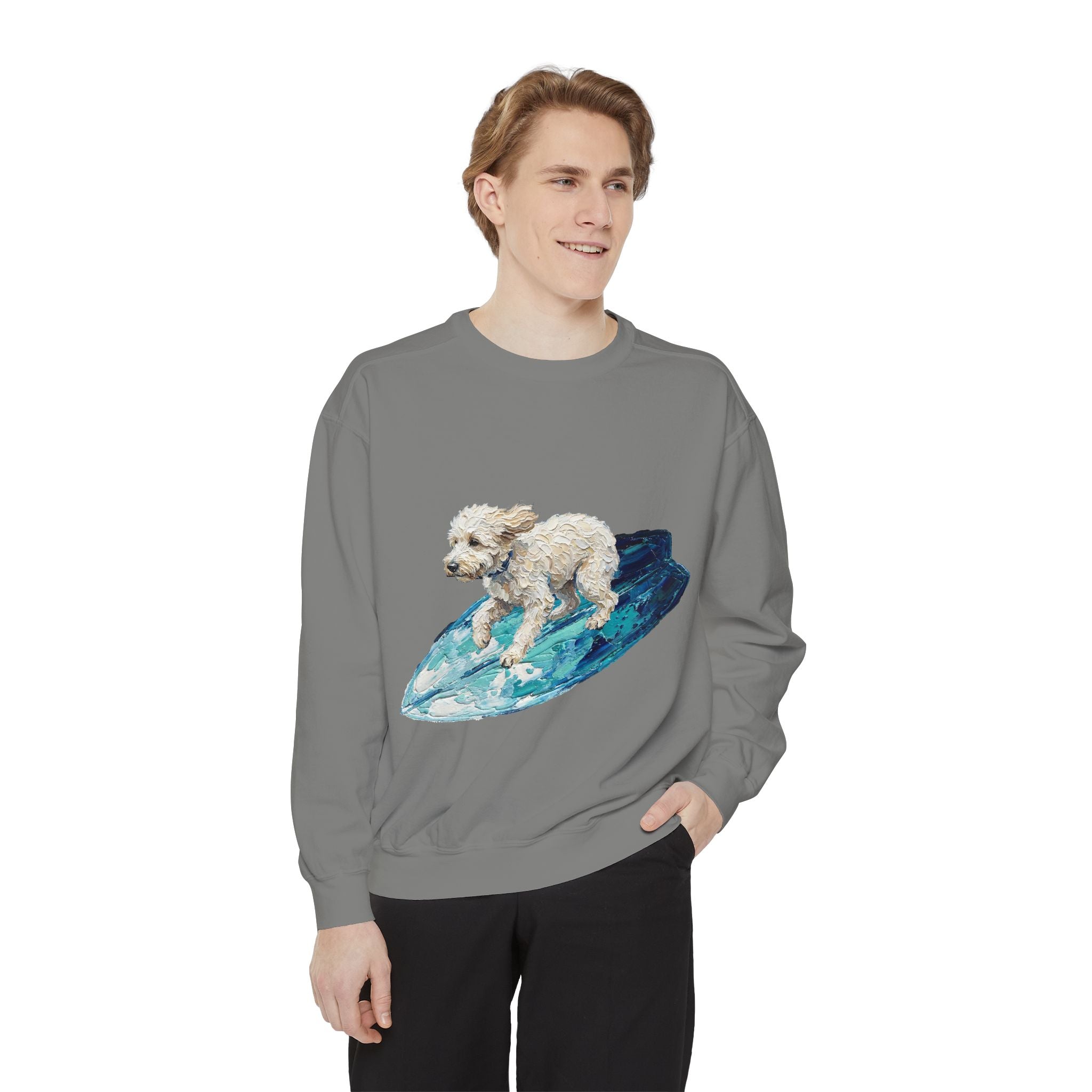 Surfing Dog Shirt, Painterly Surf Dog Tee, Beach Coastal Dog Lover Gift, Summer Ocean Dog Mom Sweatshirt