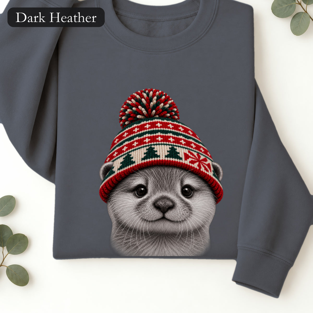 Otter Wearing Knit Christmas Winter Hat Sweatshirt | Cute Holiday Animal Crewneck