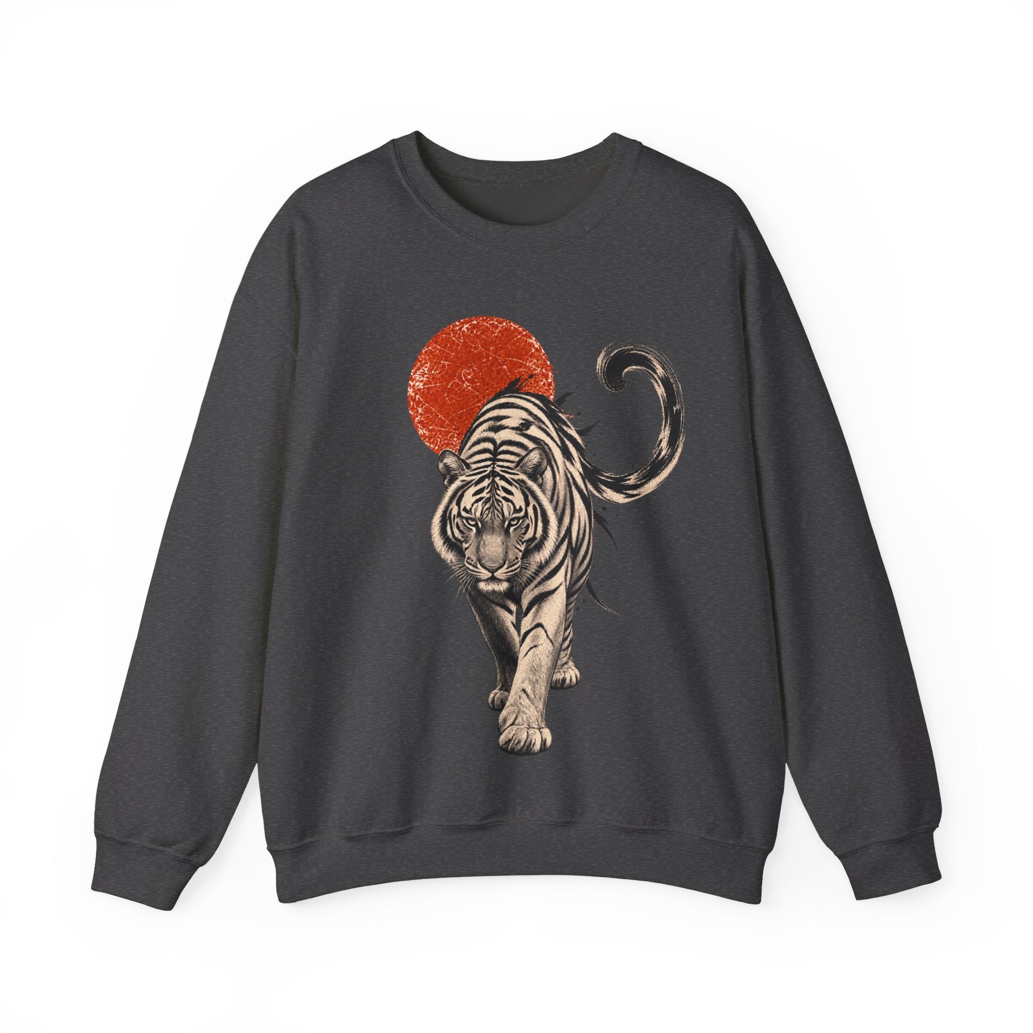 White Tiger with Red Sun Sweatshirt, Japanese Woodblock Tiger Crewneck, Red Sun Graphic Gift, Asian Art Sweatshirt