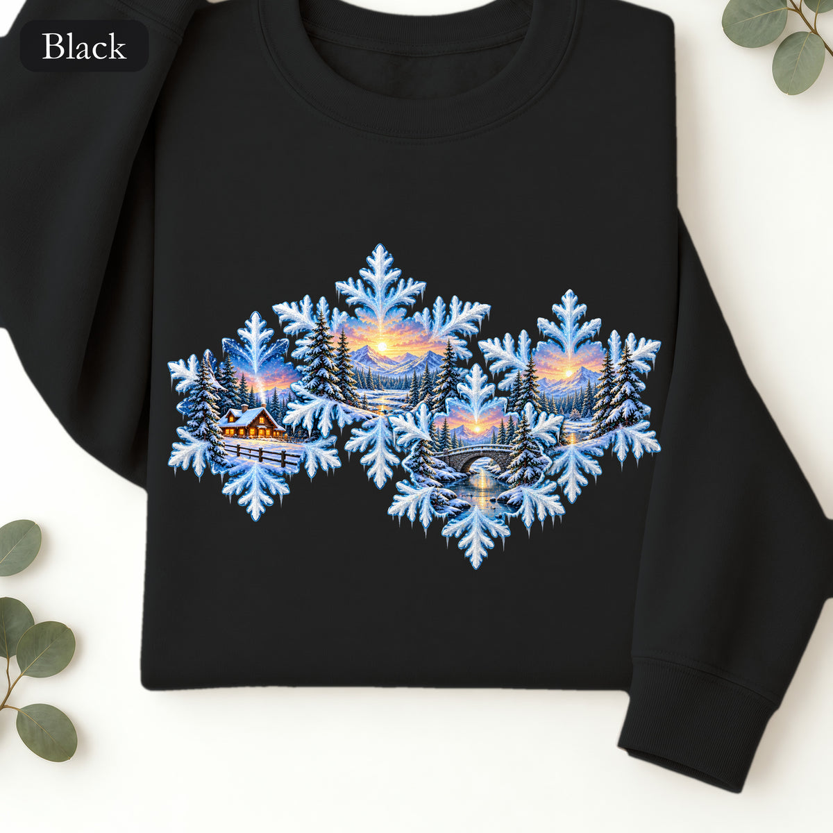 Snowflake Scenic Sunset Crewneck Sweatshirt | Winter Lake Landscape