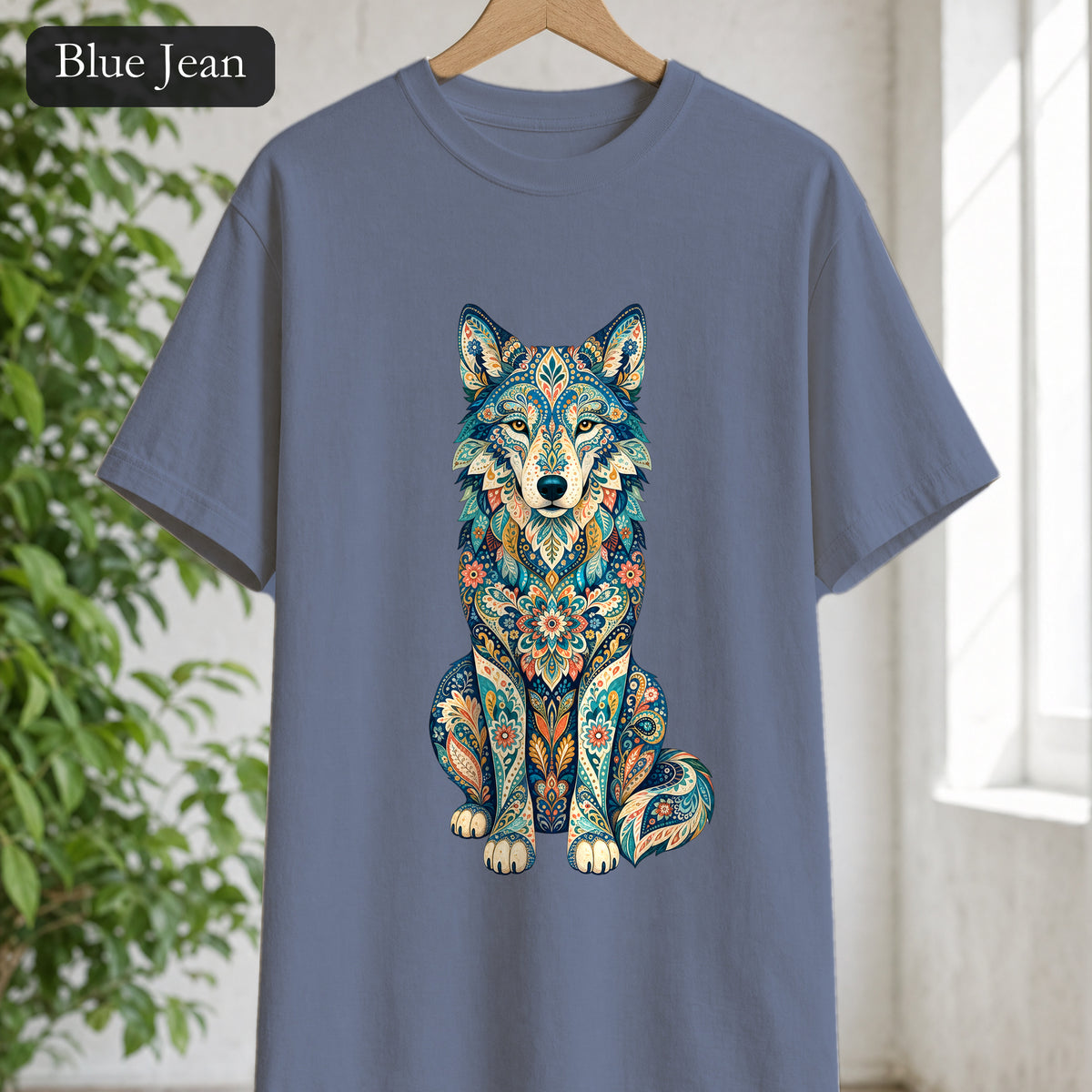 Boho Wolf Shirt, Folk Art Wolf Tee, Japanese Pattern Wolf Lover Gift, Vintage Floral Wolf Sweatshirt