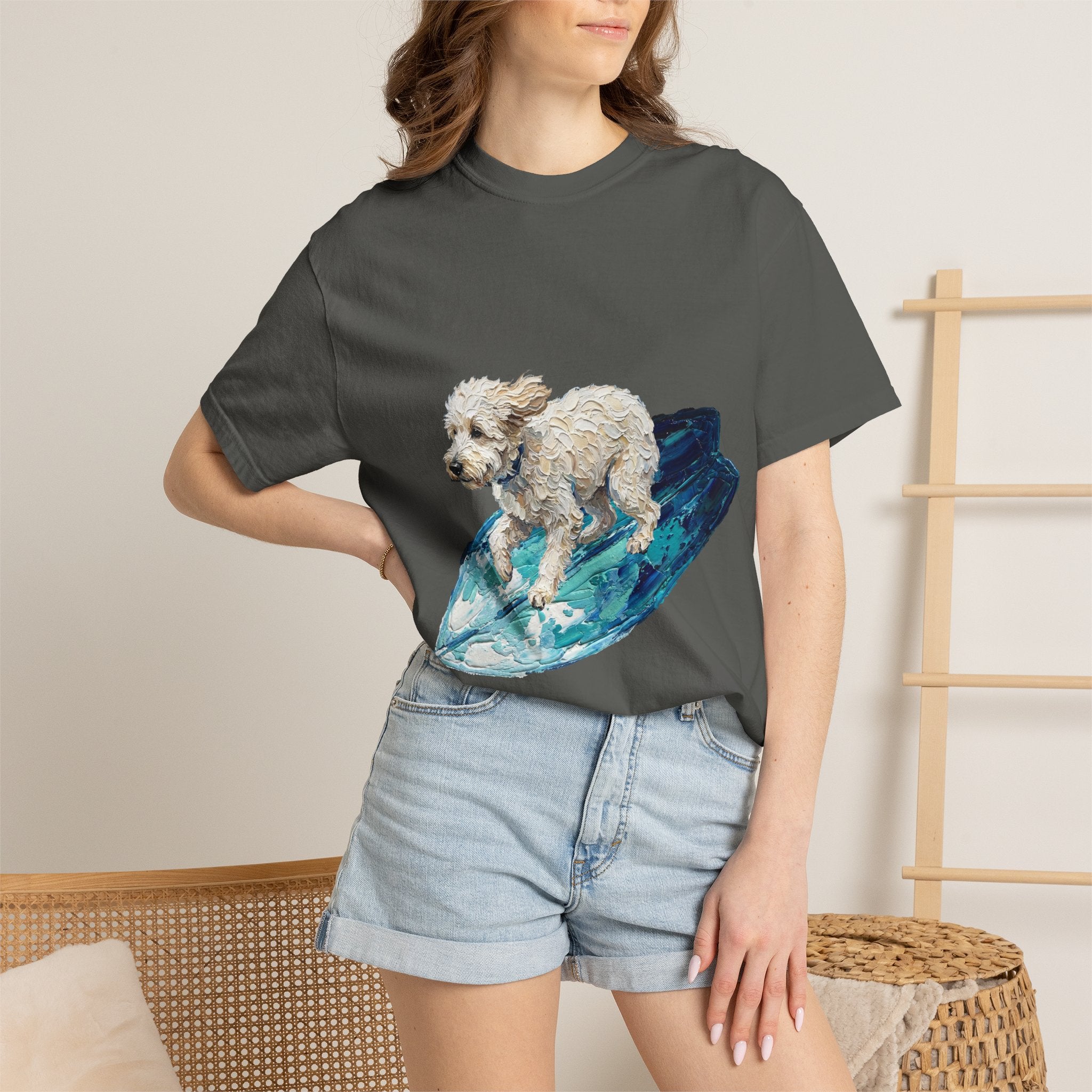 Surfing Dog Shirt, Painterly Surf Dog Tee, Beach Coastal Dog Lover Gift, Summer Ocean Dog Mom Sweatshirt