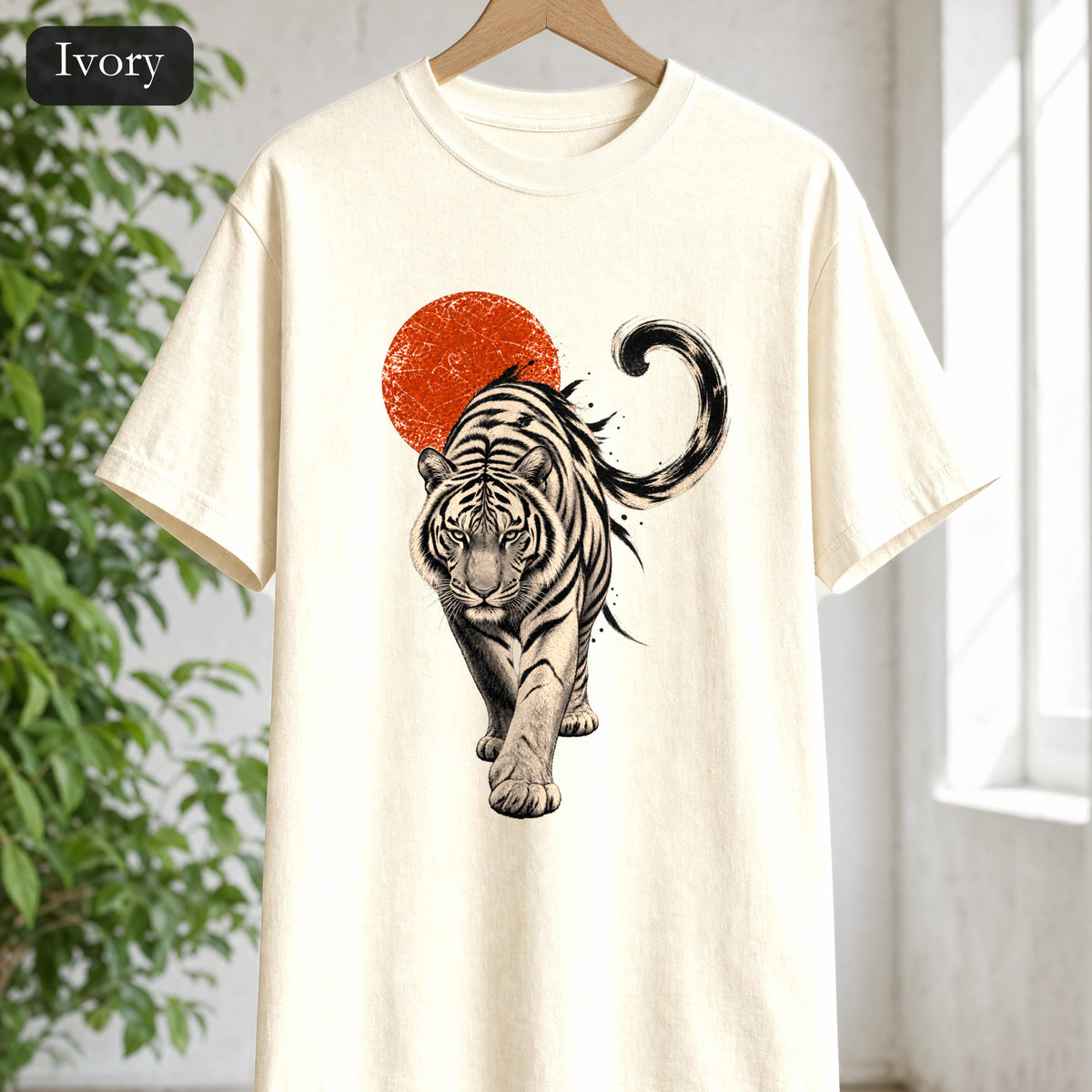 White Tiger with Red Sun Shirt, Japanese Woodblock Tiger Tee, Red Sun Graphic Gift, Asian Art T-Shirt