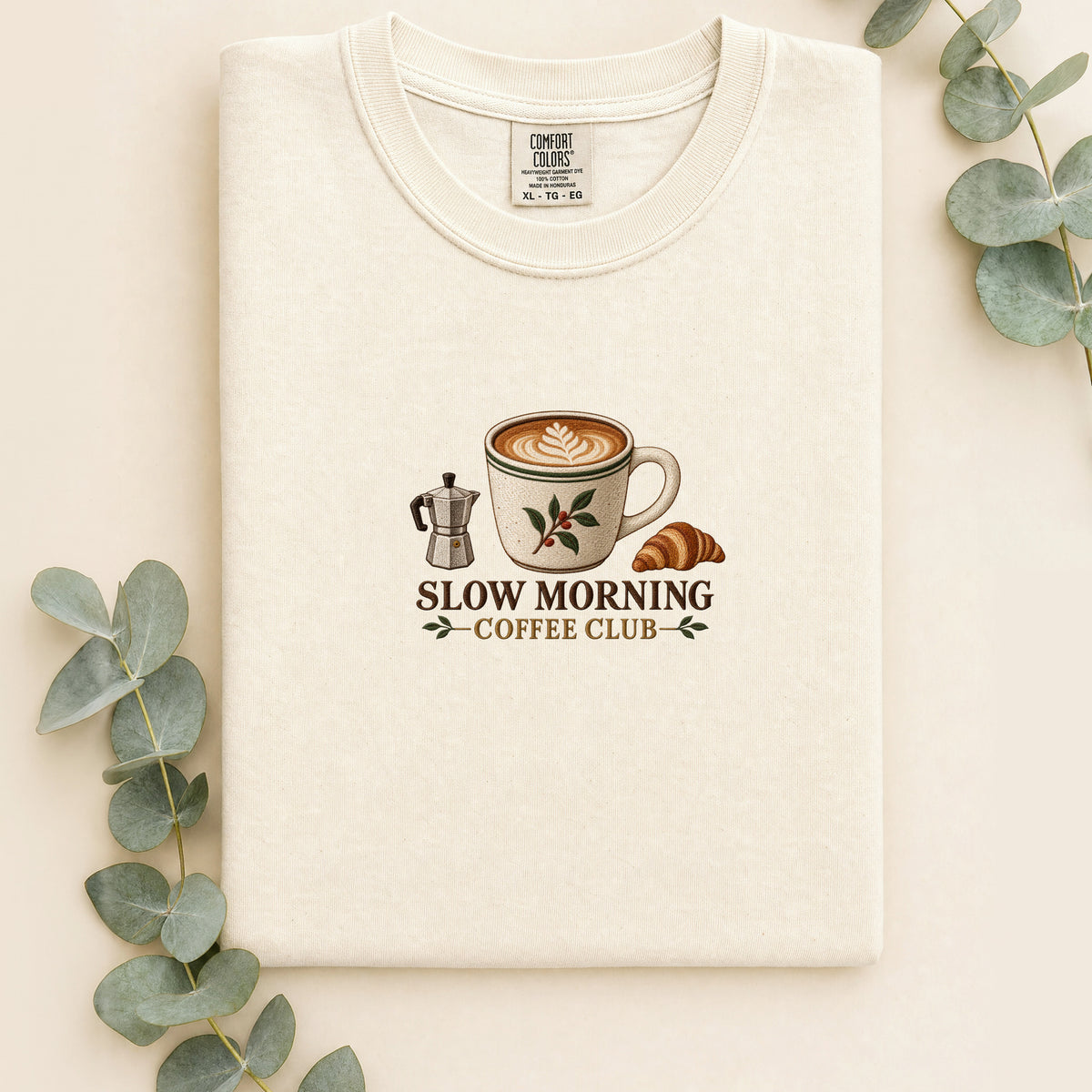 Slow Morning Coffee Club Shirt | Coffee Club Design | Faux Embroidery