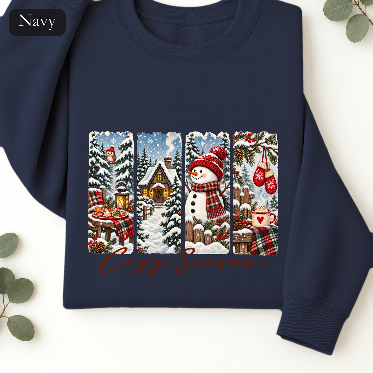 Cozy Winter Scenes Crewneck | Snowman Cabin Holiday Sweatshirt