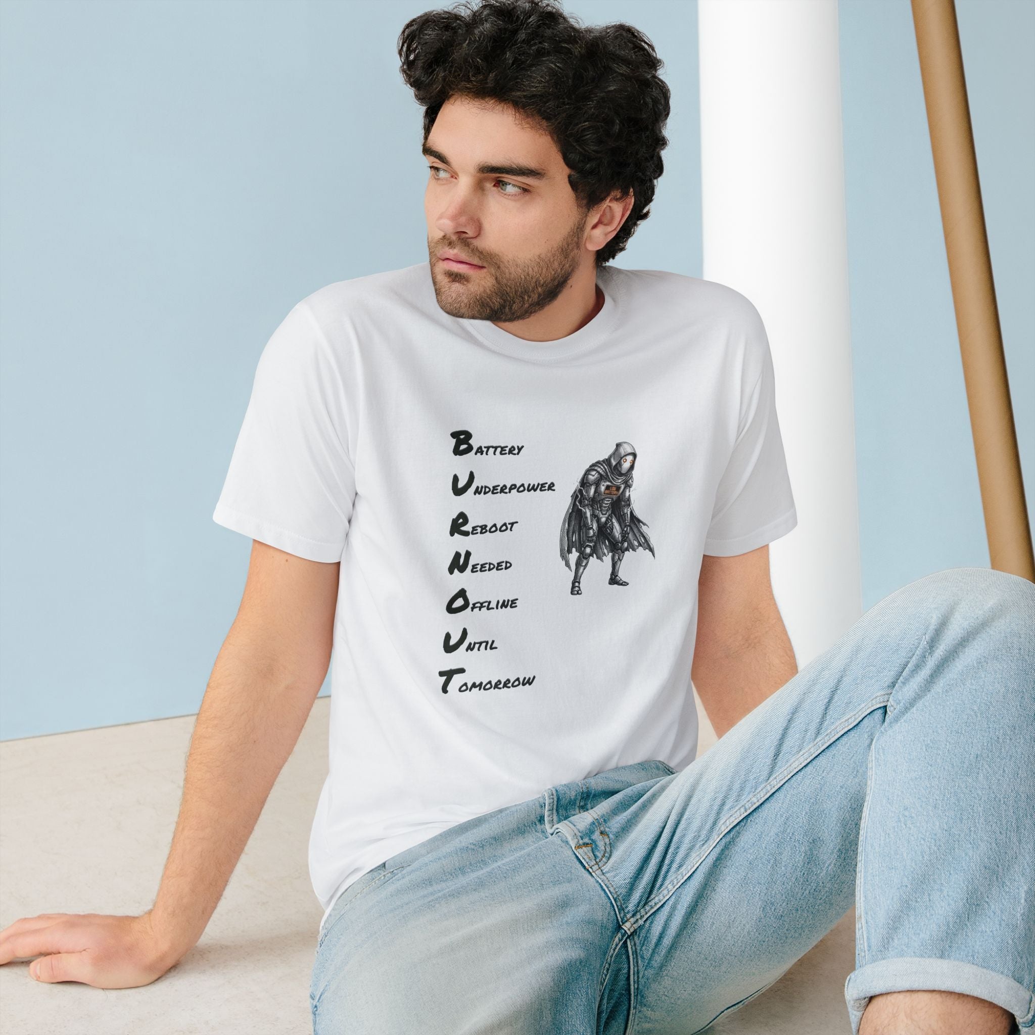 Organic Cotton Burnout Robot T-Shirt — Low Battery Office Tee