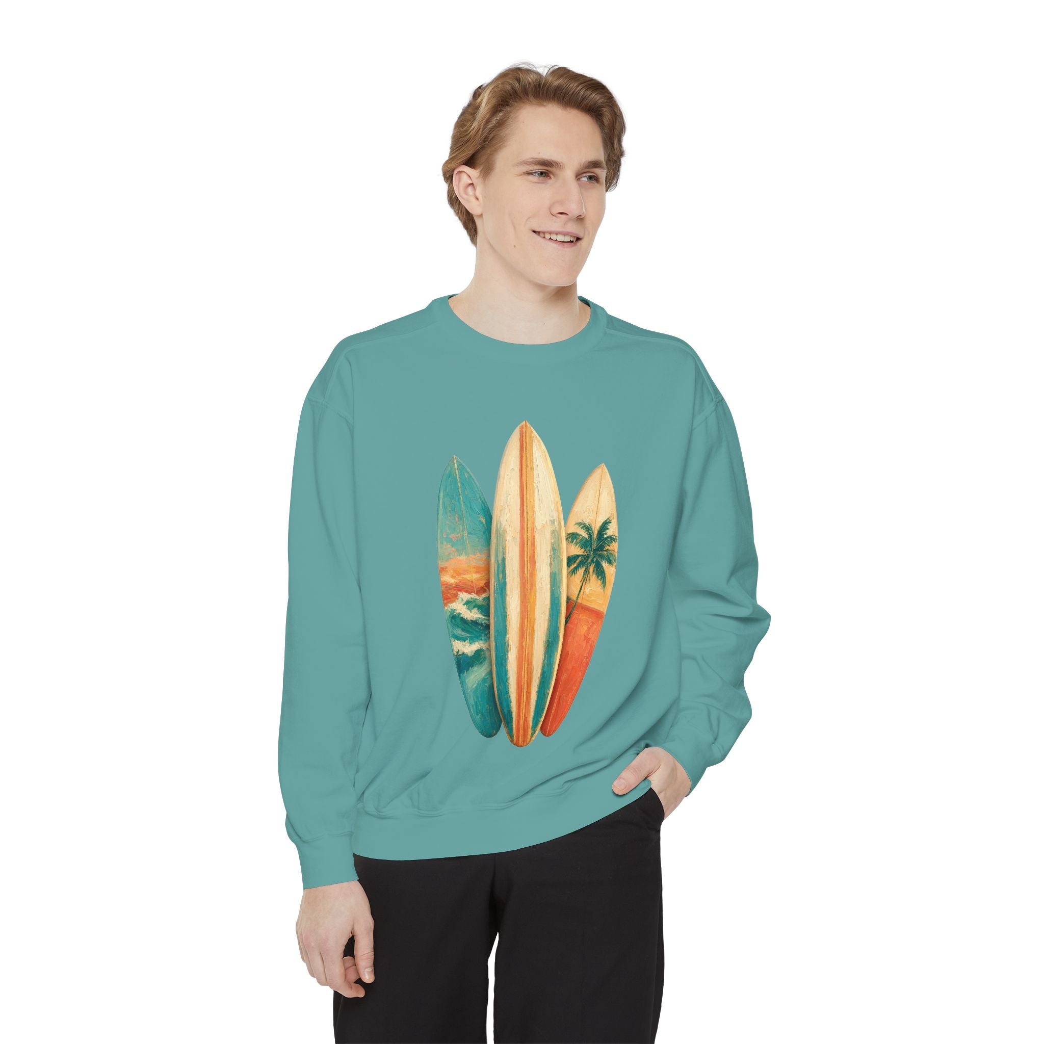 Vintage Surfboard Quarter Zip, Painterly Surf Art Pullover, Beach Coastal Surfer Gift, Summer Ocean Sweatshirt