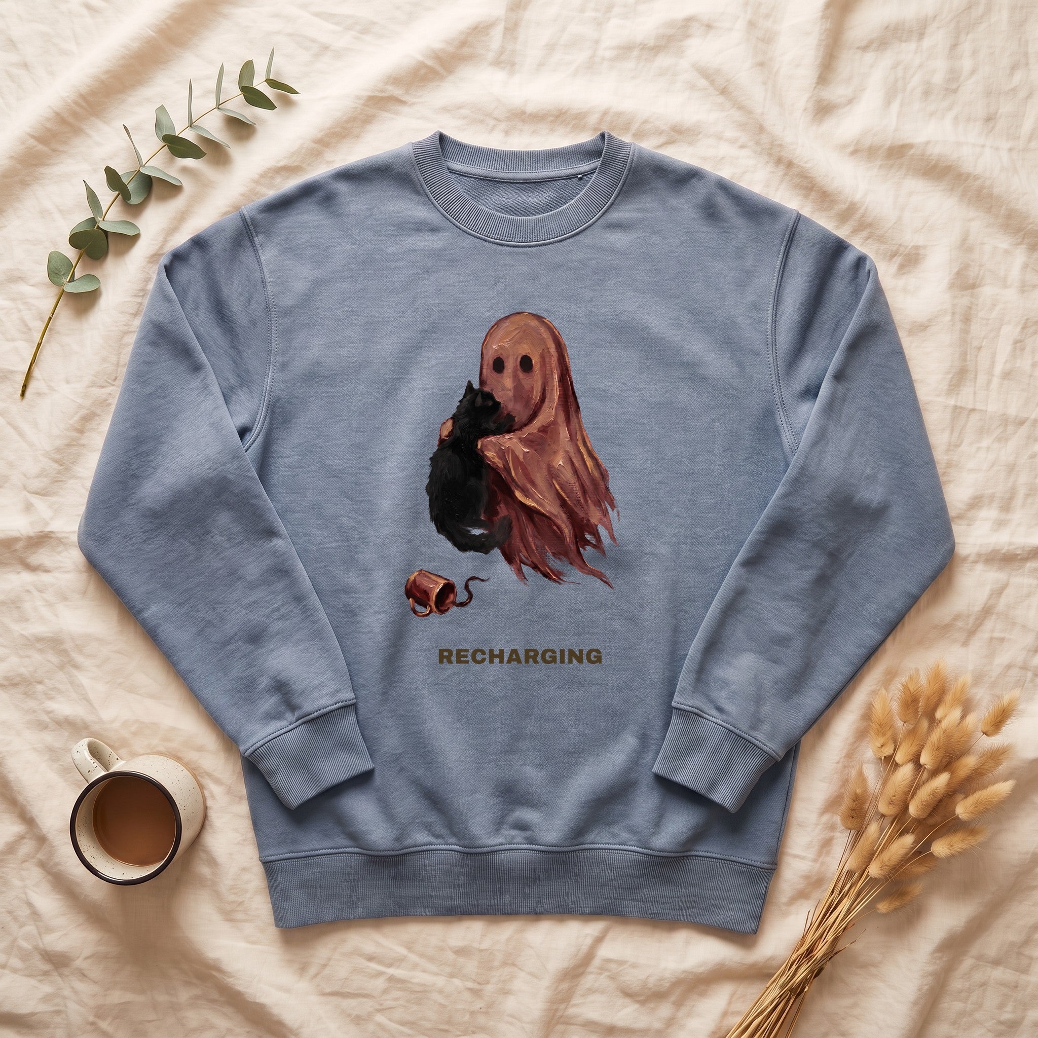 Recharging Ghost & Cat Sweatshirt, Social Battery Introvert Crewneck, Funny Homebody Halloween Sweatshirt, Cozy Cat Lover Gift