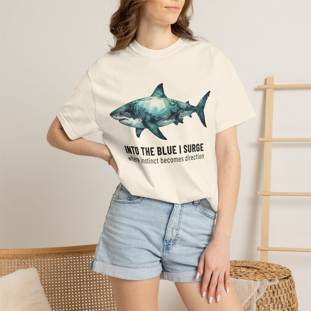 Shark Graphic Tee — "Into the Blue I Surge" Ocean Adventure T-Shirt