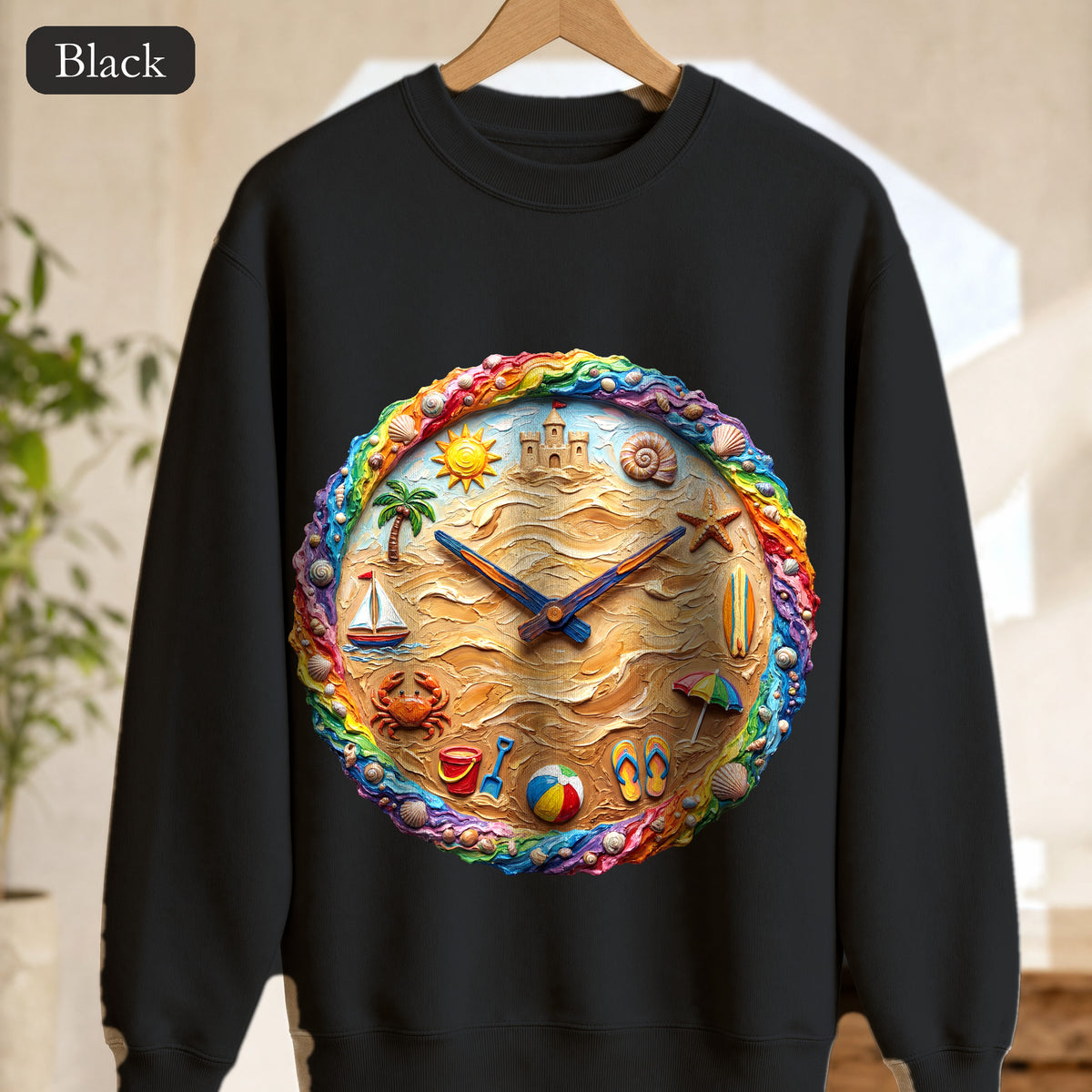 Beach Clock Shirt, Dreamy Coastal Art Tee, Surreal Beach Lover Gift, Summer Ocean Sweatshirt