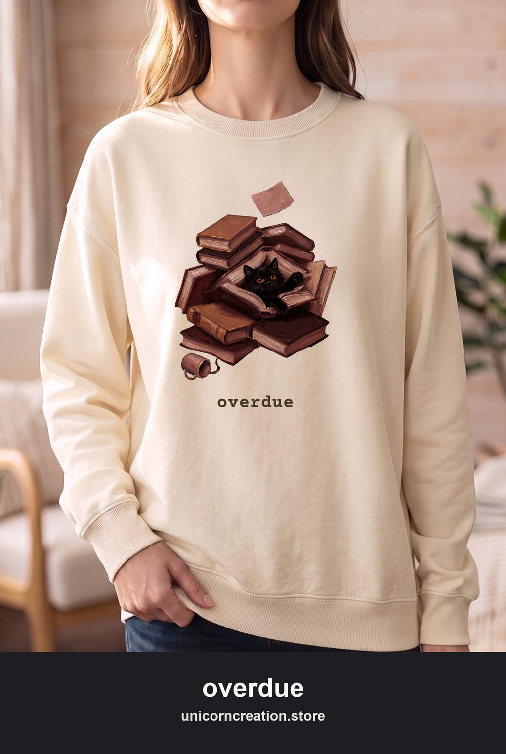 Overdue Cat & Books Sweatshirt, Funny Librarian Crewneck, Bookworm Book Lover Sweatshirt, Library Staff Reader Gift