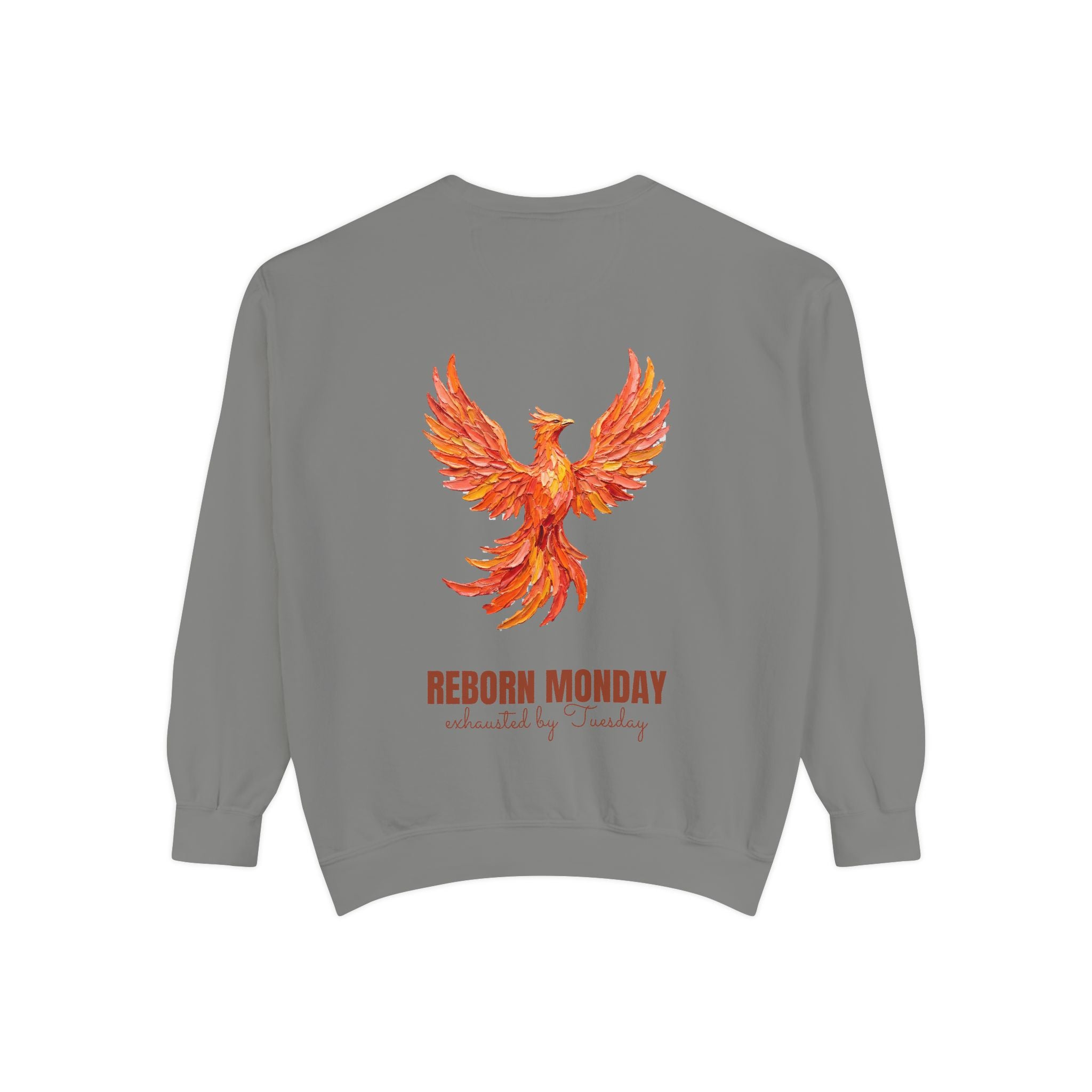 Reborn Monday Exhausted by Tuesday Shirt, Funny Phoenix Tee, Work Week Humor Gift, Painterly Fantasy Sweatshirt
