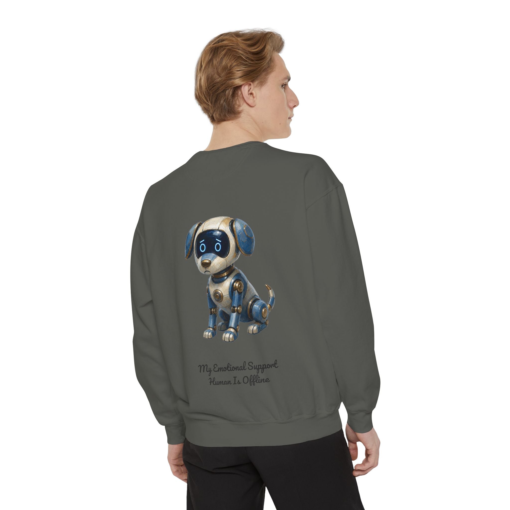 Robot Dog Emotional Support Human Offline Shirt, Funny AI Dog Tee, Tech Programmer Gift, Sci-Fi Humor Sweatshirt