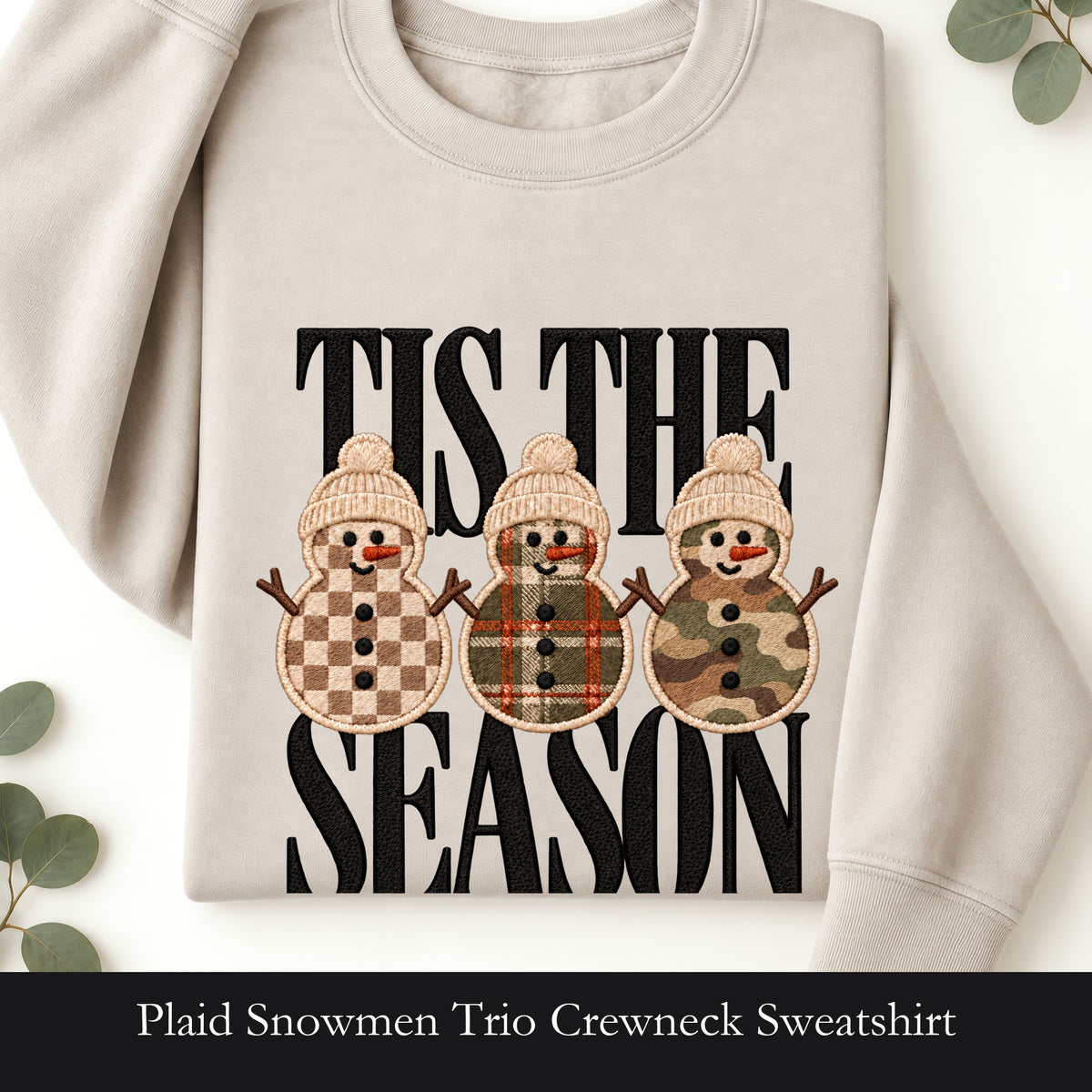 Plaid Snowmen Trio Crewneck Sweatshirt | Cozy Winter Snowman Design