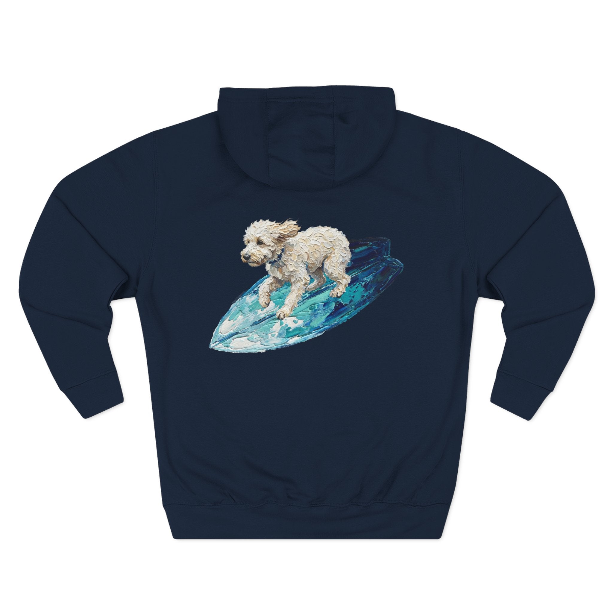 Surf Dog Hoodie — Cute White Dog Riding a Blue Surfboard Pullover