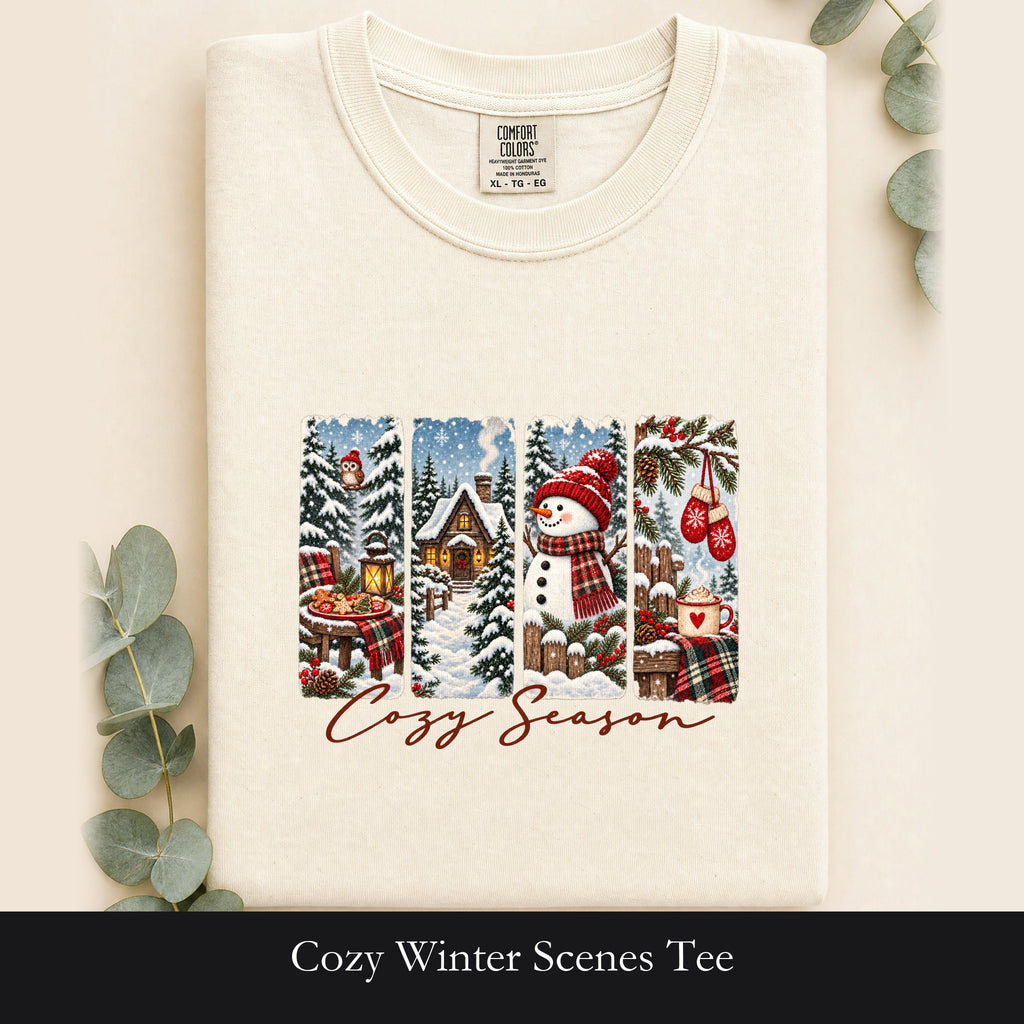 Cozy Winter Scenes Tee | Snowman Cabin Holiday Shirt