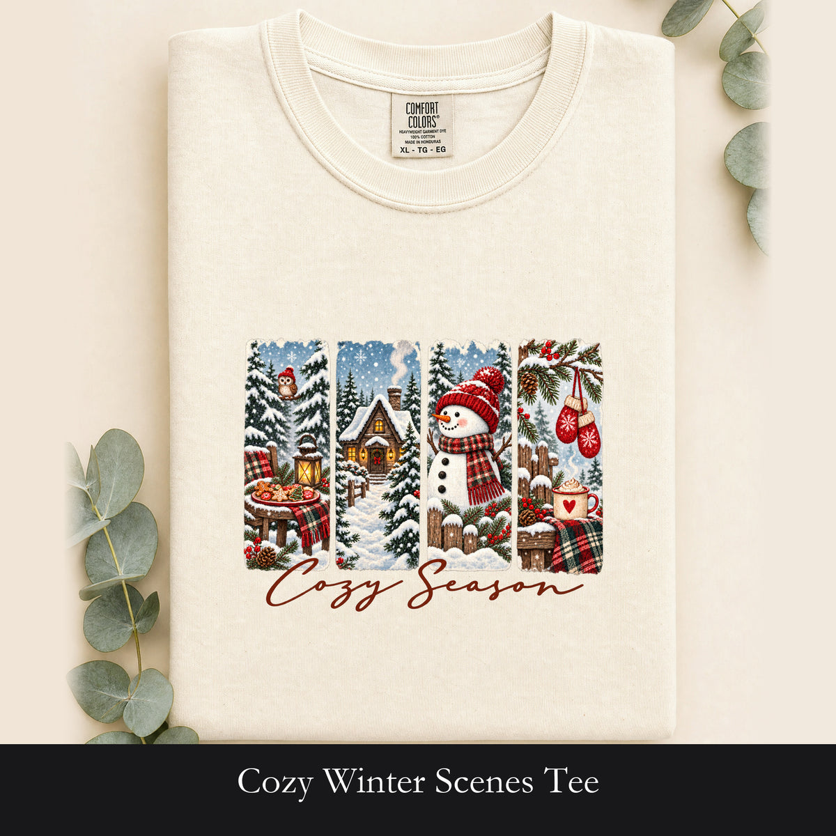Cozy Winter Scenes Tee | Snowman Cabin Holiday Shirt