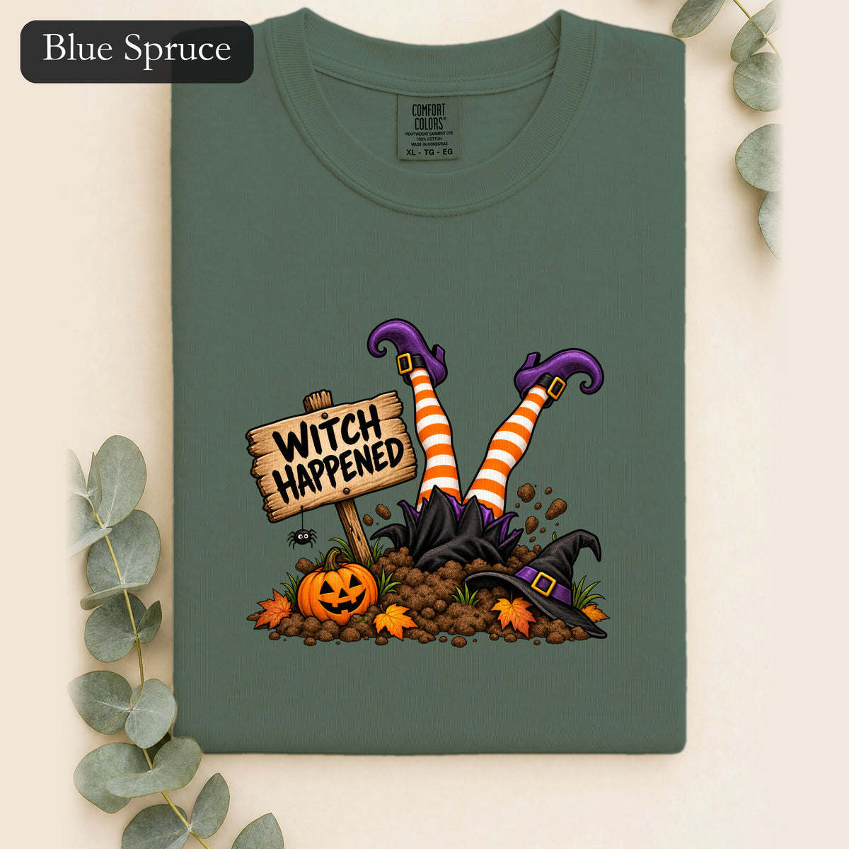 Witch Happened legs up in graveyard Shirt | Halloween witch pumpkin witch design