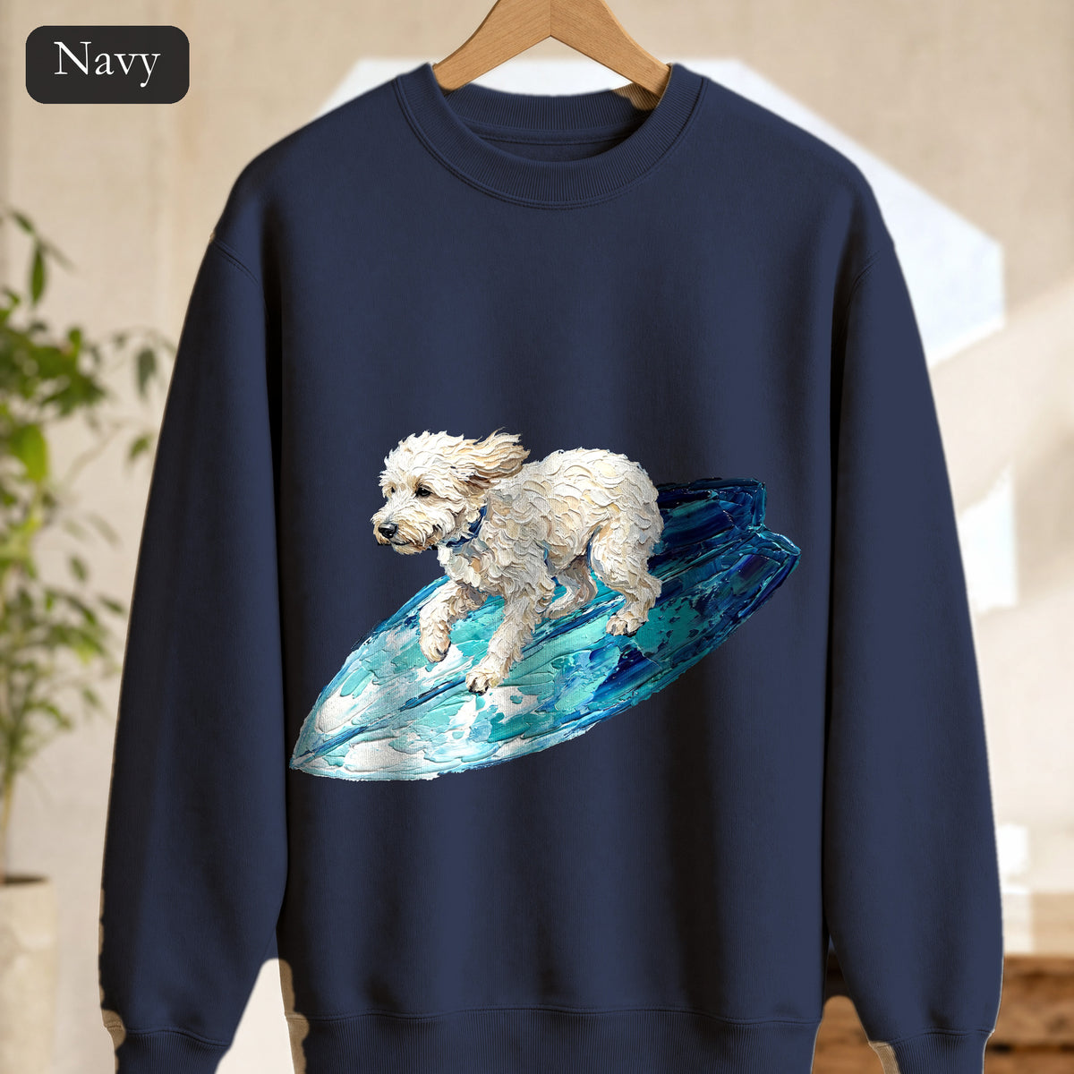 Surfing Dog Shirt, Painterly Surf Dog Tee, Beach Coastal Dog Lover Gift, Summer Ocean Dog Mom Sweatshirt
