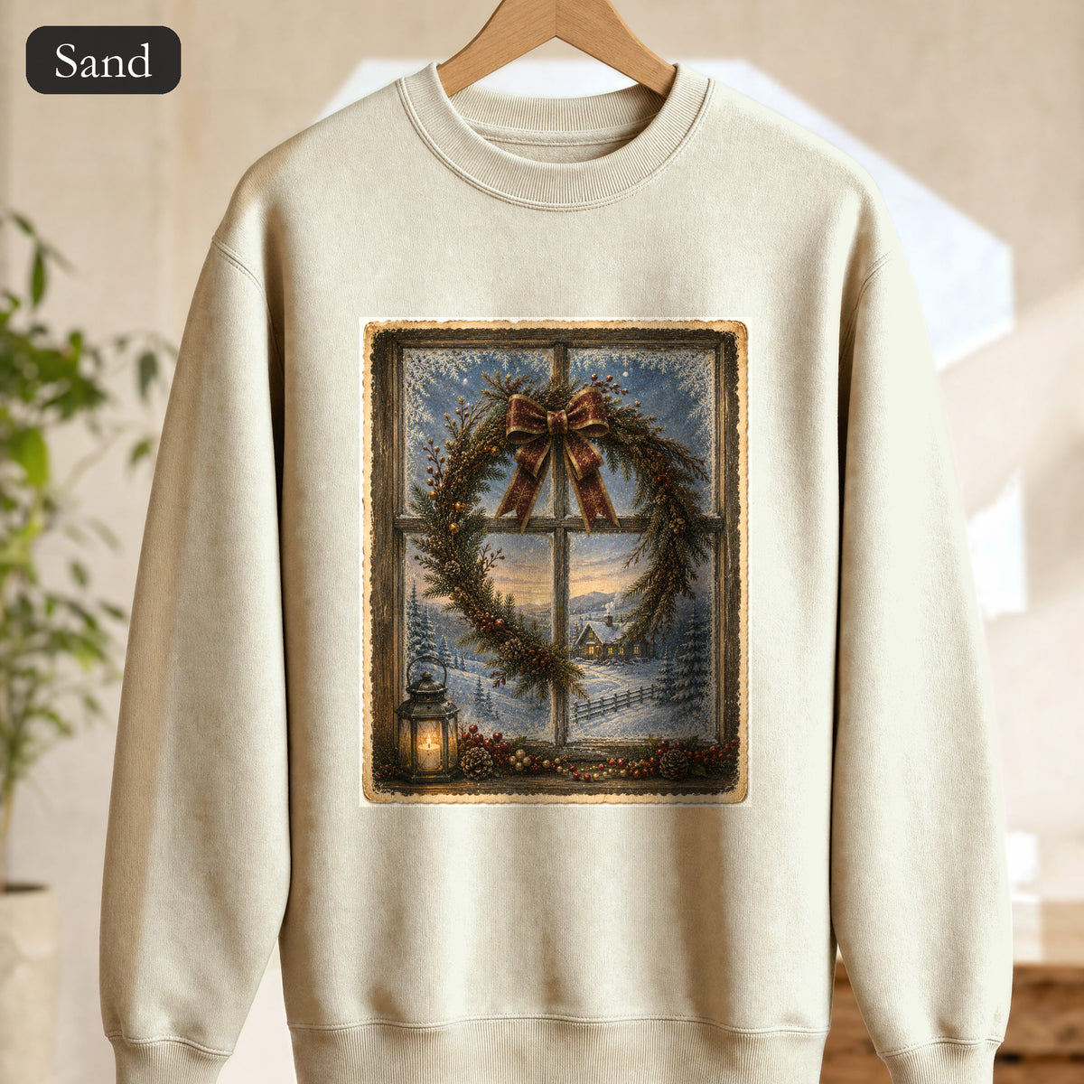 Winter Wreath Window Scene Sweatshirt | Vintage Holiday Postcard
