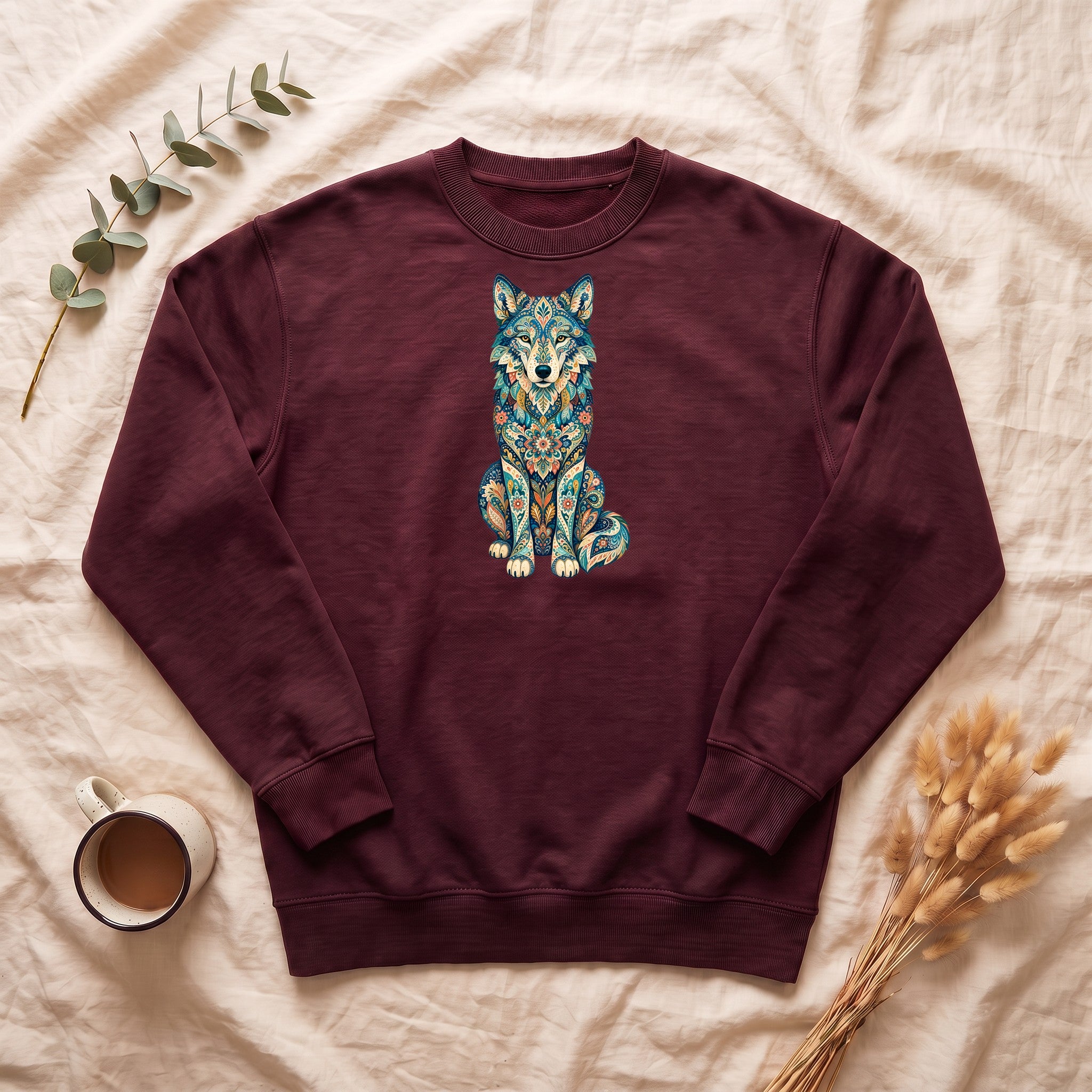 Boho Wolf Shirt, Folk Art Wolf Tee, Japanese Pattern Wolf Lover Gift, Vintage Floral Wolf Sweatshirt
