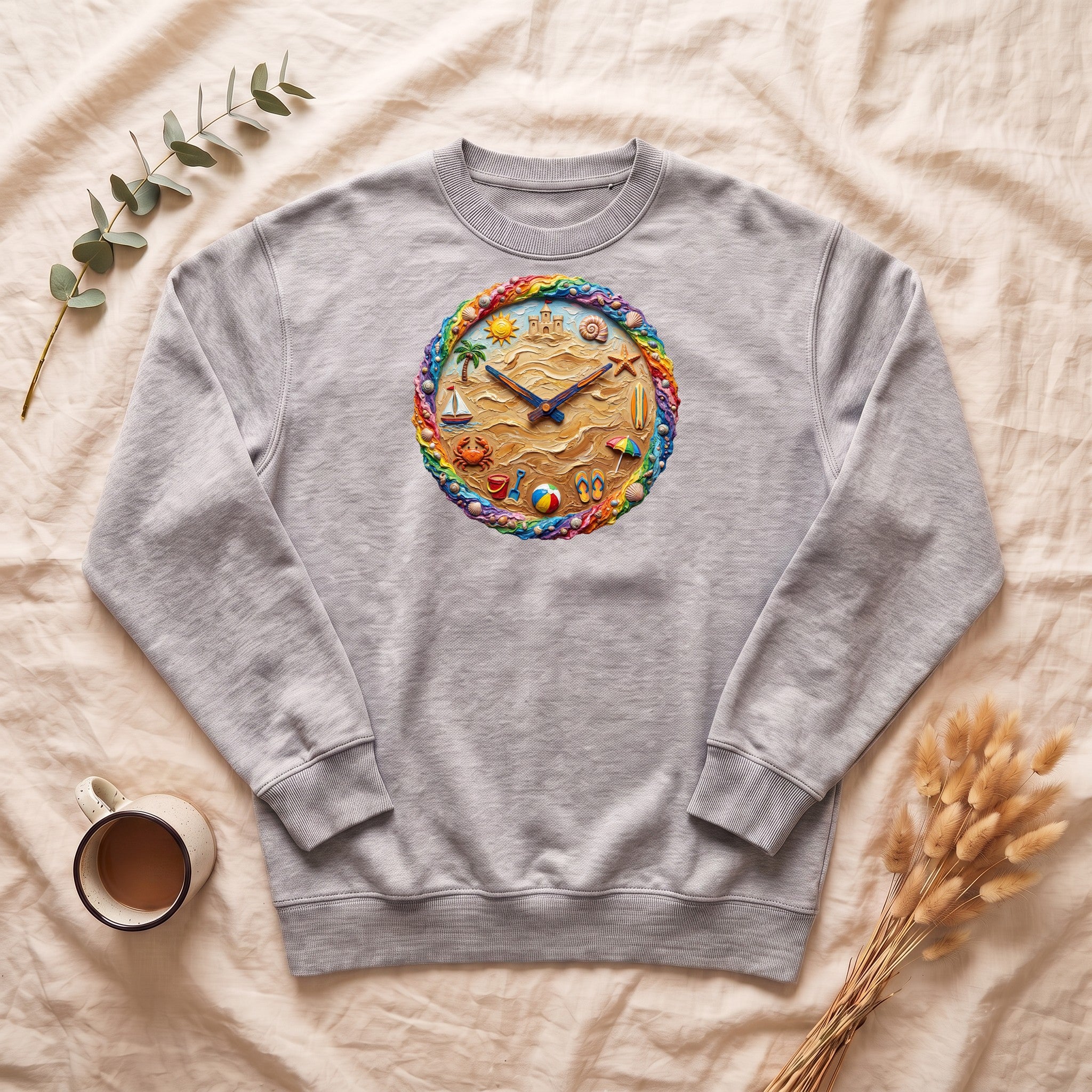 Beach Clock Shirt, Dreamy Coastal Art Tee, Surreal Beach Lover Gift, Summer Ocean Sweatshirt