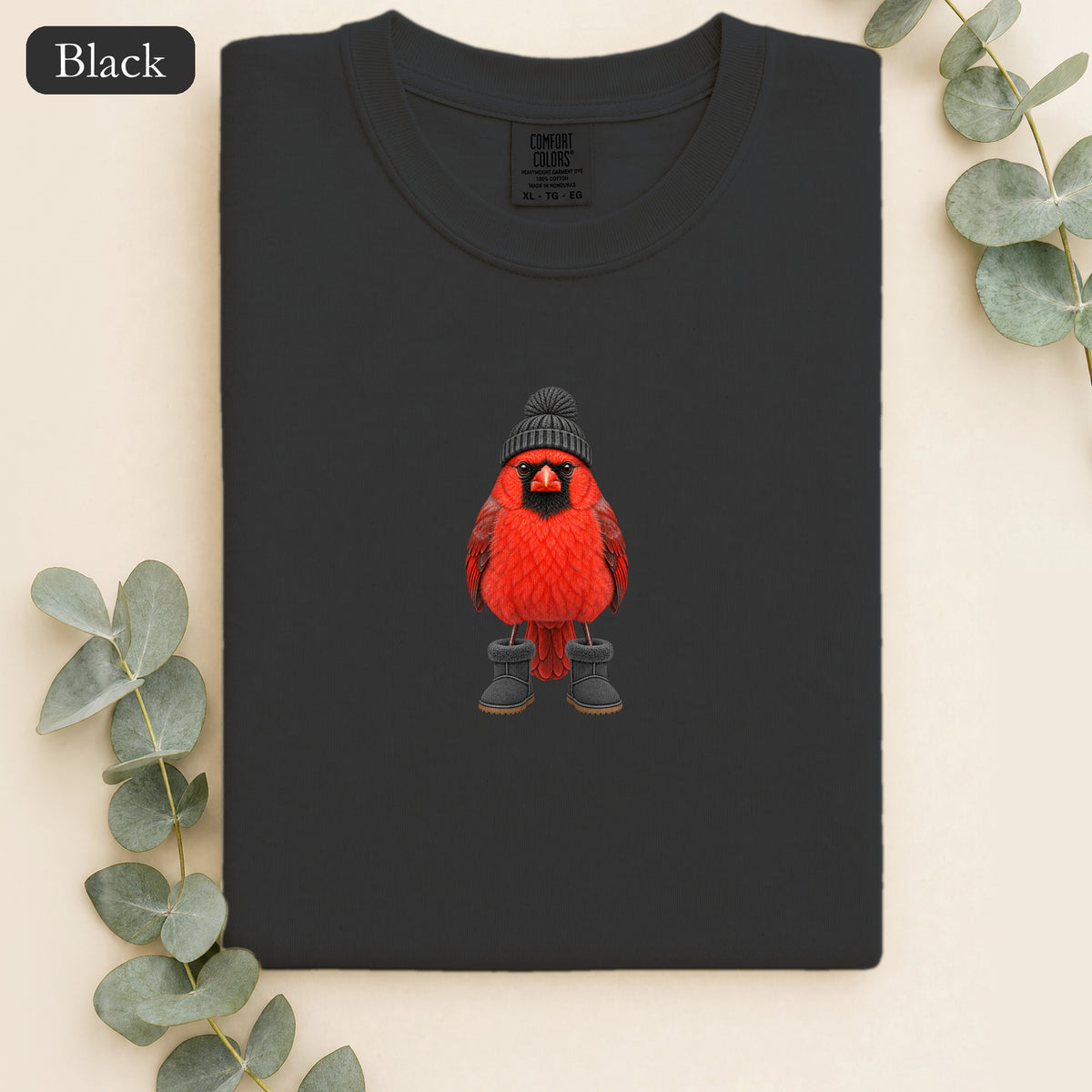 Red Cardinal Bird Wearing Beanie and Boots Shirt | Winter Bird Tee