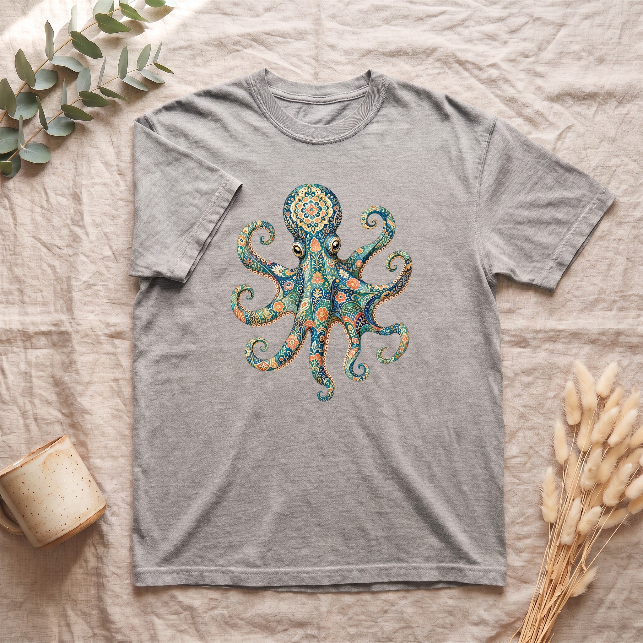 Boho Octopus Shirt, Folk Art Octopus Tee, Japanese Pattern Ocean Lover Gift, Vintage Floral Octopus Sweatshirt