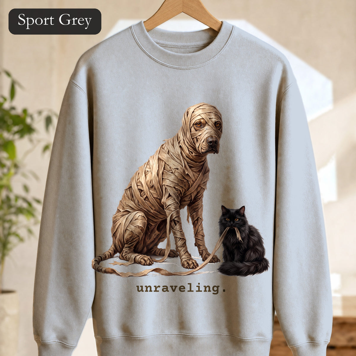 Unraveling Mummy & Cat Sweatshirt, Funny Halloween Mummy Crewneck, Cozy Deadpan Spooky Sweatshirt, Black Cat Lover Gift