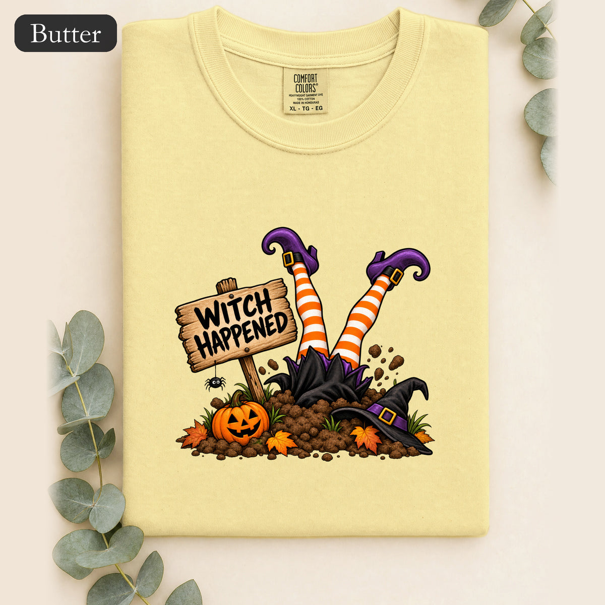 Witch Happened legs up in graveyard Shirt | Halloween witch pumpkin witch design